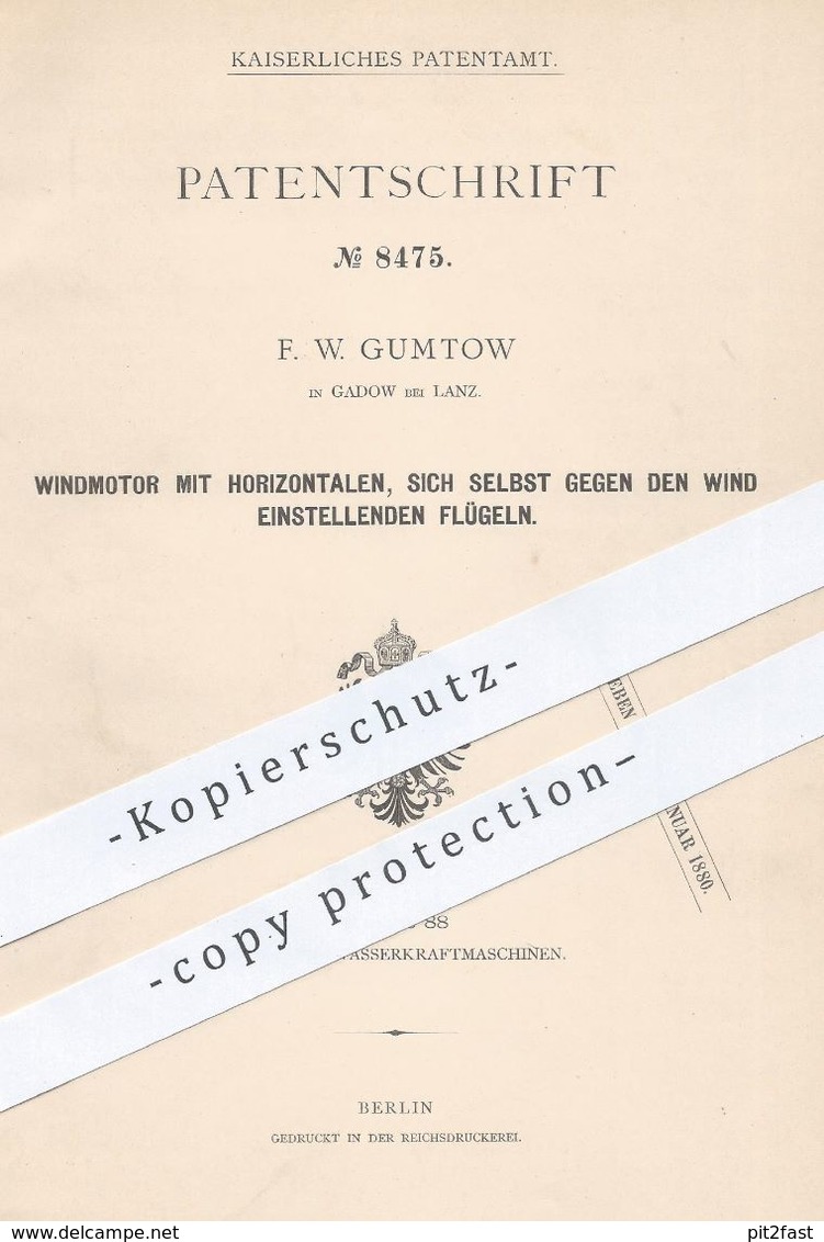 Original Patent - F. W. Gumtow , Gadow Bei Lanz , 1879 , Windmotor | Windrad , Windkraft , Windmühle , Wind - Mühle !!! - Historische Dokumente
