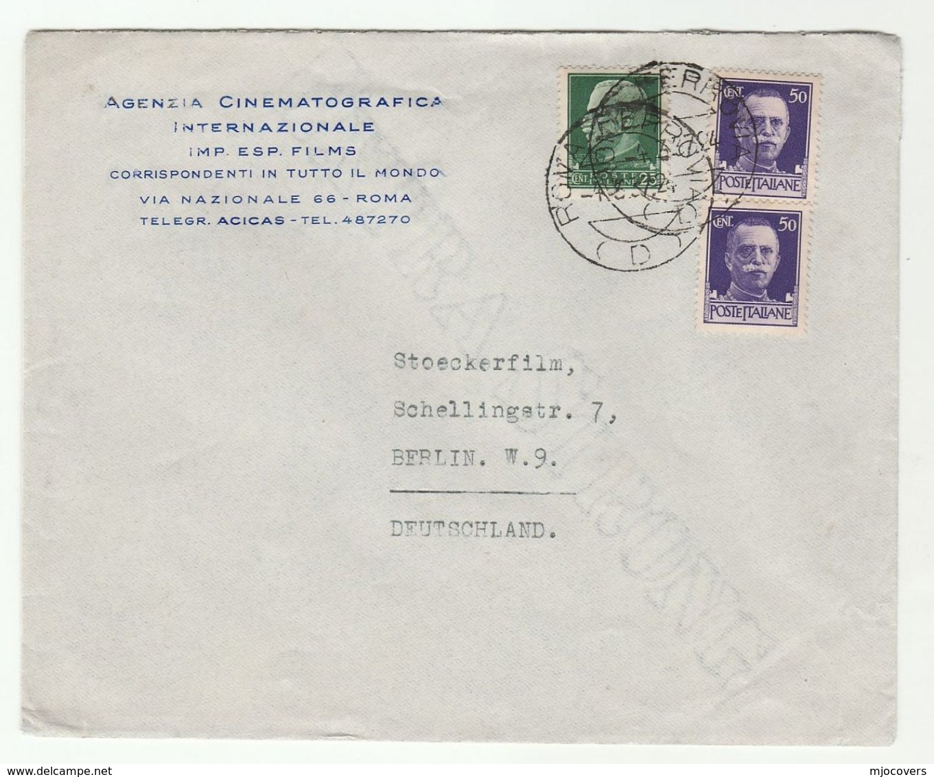 1937 CINEMATOGRAFICA FILMS INTERNAZIONALE Rome To STOECKERFILM Berlin  ITALY To GERMANY COVER Film Cinema Movie - Storia Postale