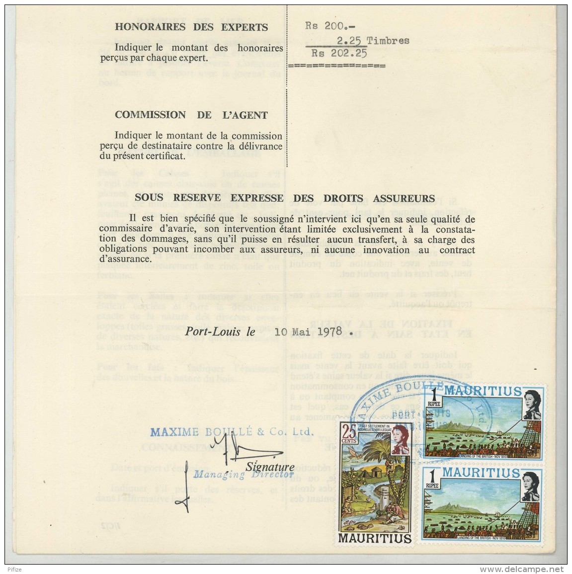 (Maurice) Mauritius. Timbres Postaux Utilisés Comme Fiscaux Sur Certificat D'avaries 1978. Bateau "Ville De Reims" . - Mauritius (1968-...)