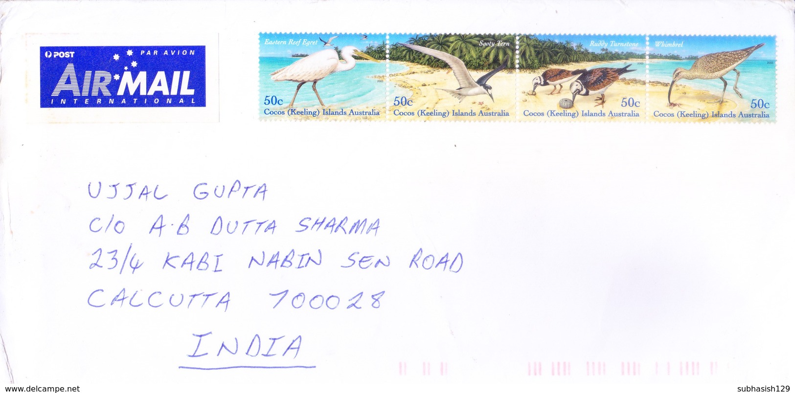 COCOS KEELING ISLAND : 2003 AIRMAIL COVER POSTED FOR INDIA : USE OF BIRD STAMPS, STRIP OF 4v - Cocos (Keeling) Islands