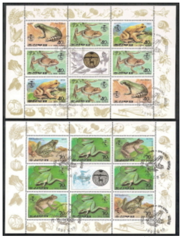 Korea (DPR),  Scott 2018 # 3139a + 3142a,  Issued 1982,  S/S Of 4,  CTO NH,  Cat $ 30.00,  Frogs - Korea, North