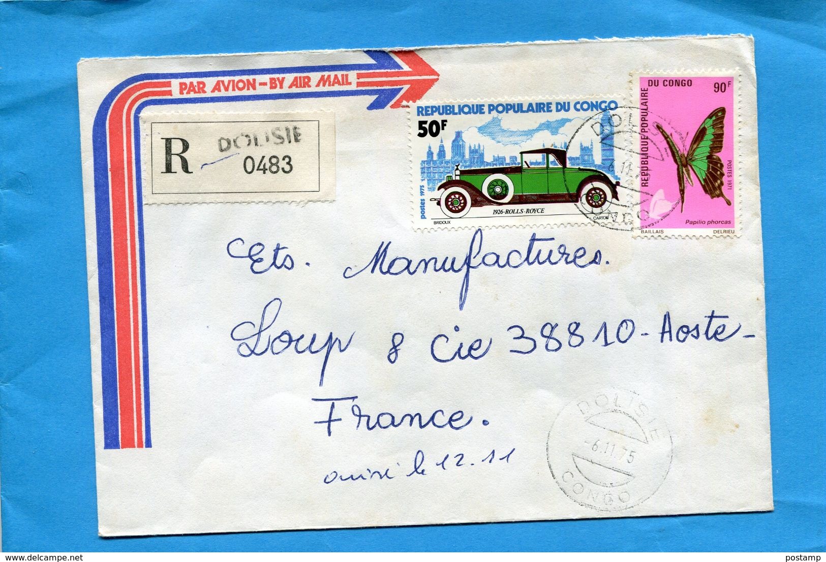 MARCOPHILIE-lettre-REC-CONGO->France-cad-DOLISIE-1975- 2-stamp-N°Auto Rolls Royce-306-papillon -butterfly-phorcas - Other & Unclassified