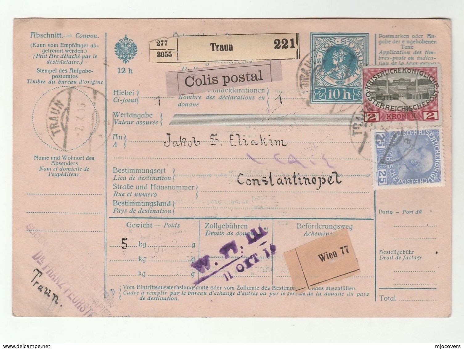 1915 TRAUN To CONSTANTINOPLE Registered POST RECEIPT Bulletin D'Expedition JACOB ELIAKIM TURKEY Jew Stationery Austria - Jewish