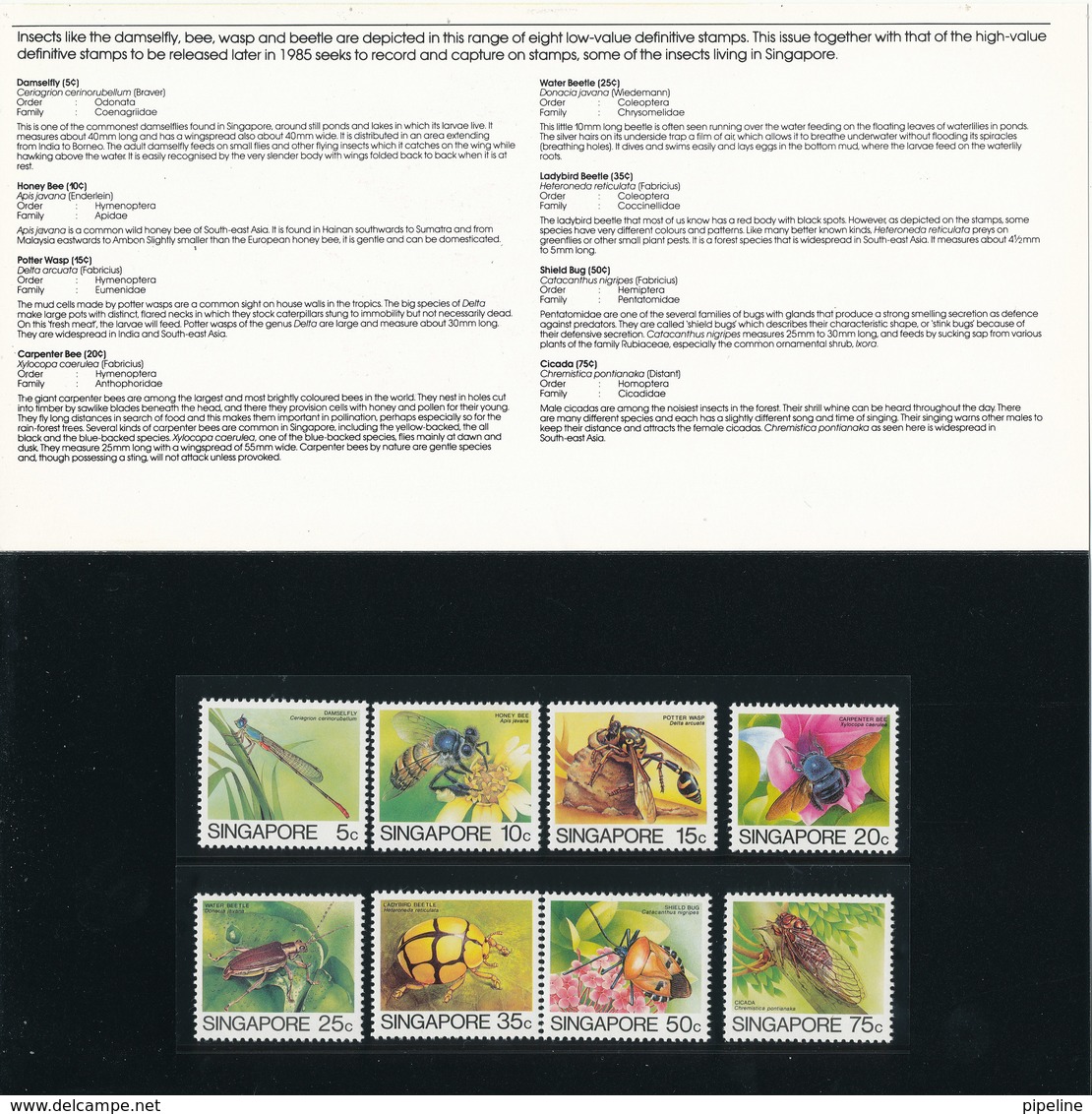 Singapore Presentation Pack Complete Set Of 8 New Definitive Stamps INSECTS 1985 In Mint Condition In Original Envelope - Singapore (1959-...)