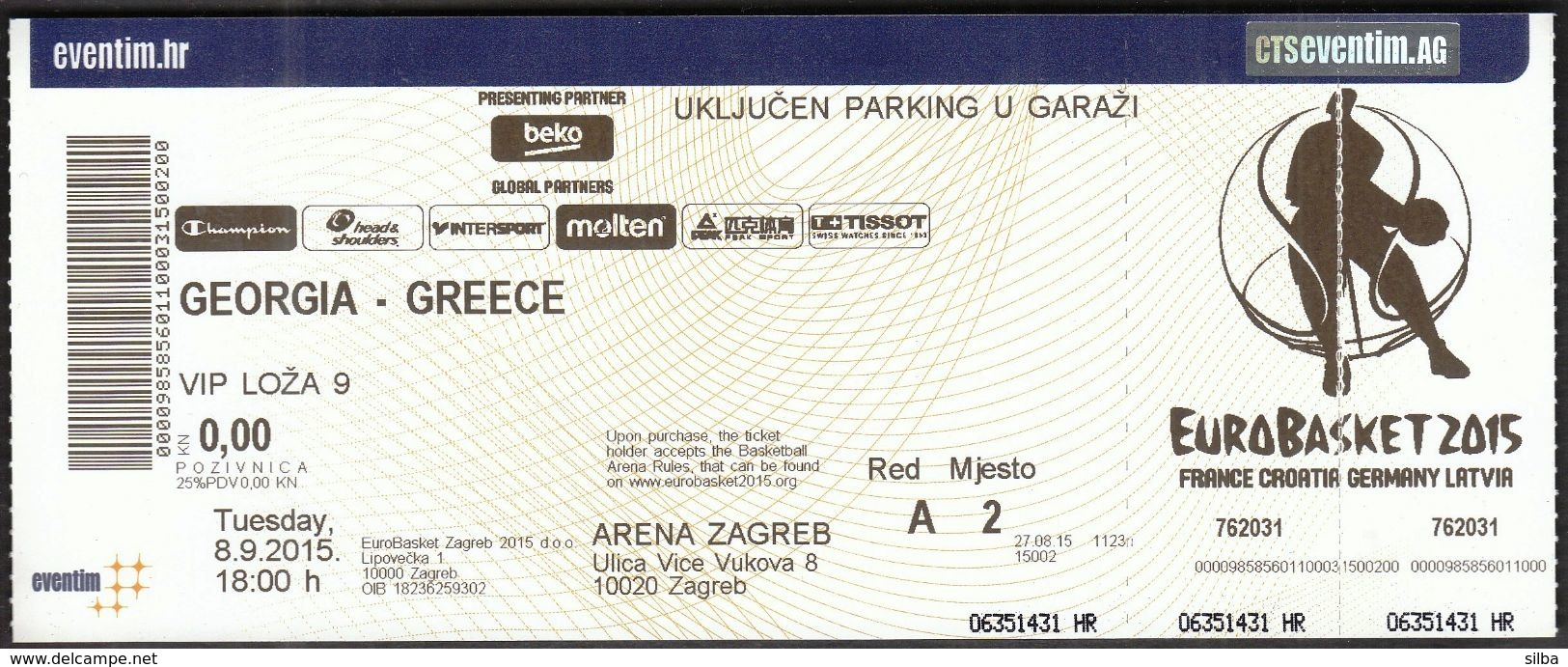 Croatia Zagreb 8.9.2015 / EUROBASKET 2015 / Basketball / Georgia - Greece / VIP Ticket - Tickets - Entradas