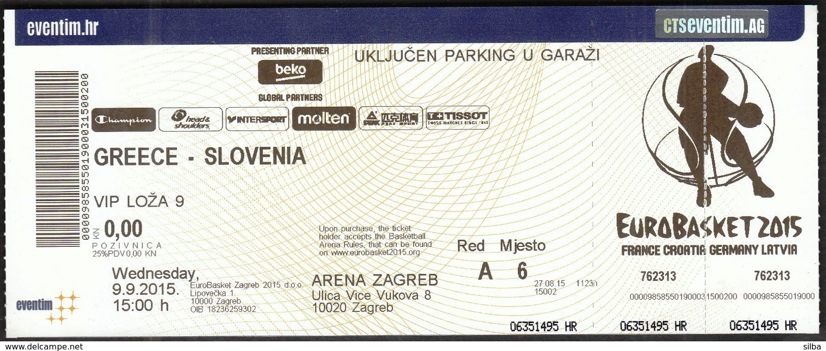 Croatia Zagreb 9.9.2015 / EUROBASKET 2015 / Basketball / Greece - Slovenia / VIP Ticket - Biglietti D'ingresso