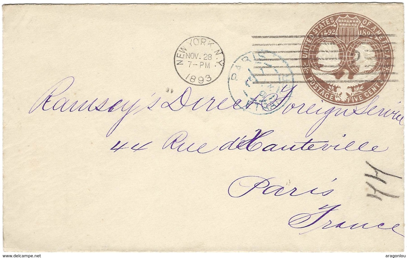 Letter Small, US Postage Five Cent, New York Nov.28 1893 To Paris (2scans) - Brieven En Documenten