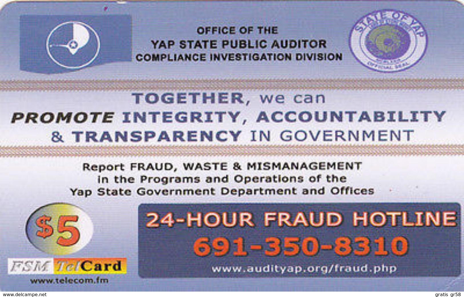 MICRONESIA - Remote Memory, Yap State Public Auditor Compliance Invest. Division, Together, 5$ Card, Used - Micronésie