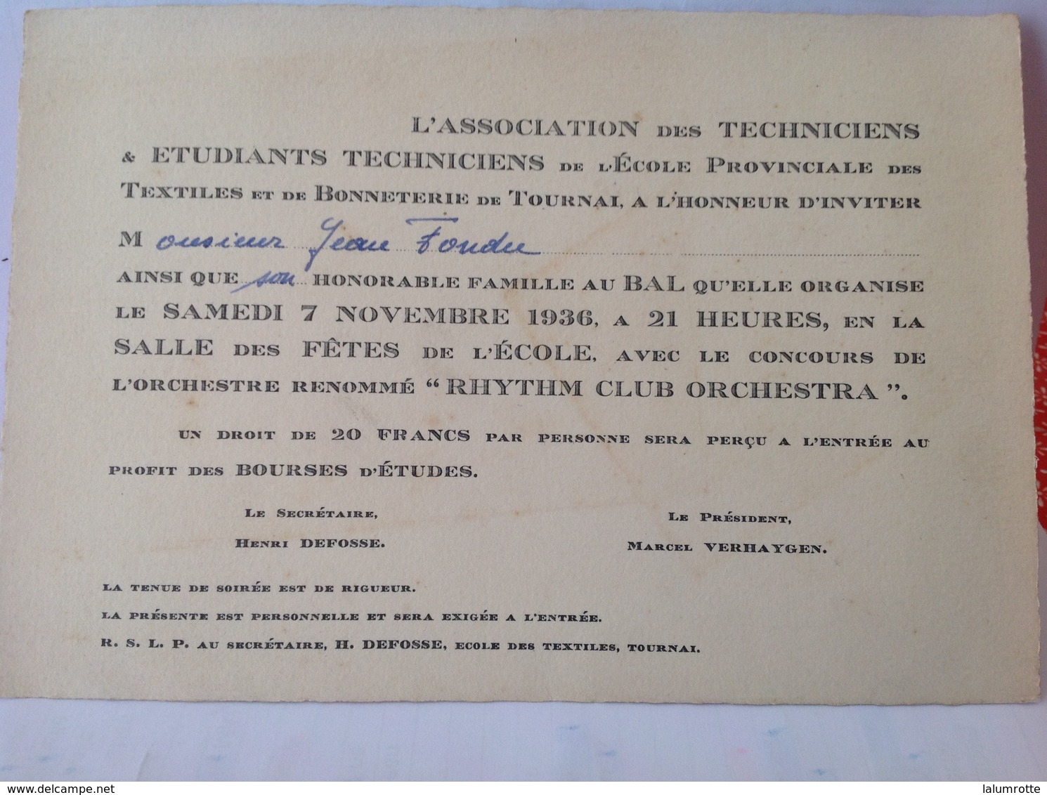 DH. 86. Association Des Techniciens Et étudiants, Textiles De Tournai. Bal En 1936 à La Salle Des Fêtes De L'école - Documentos Históricos