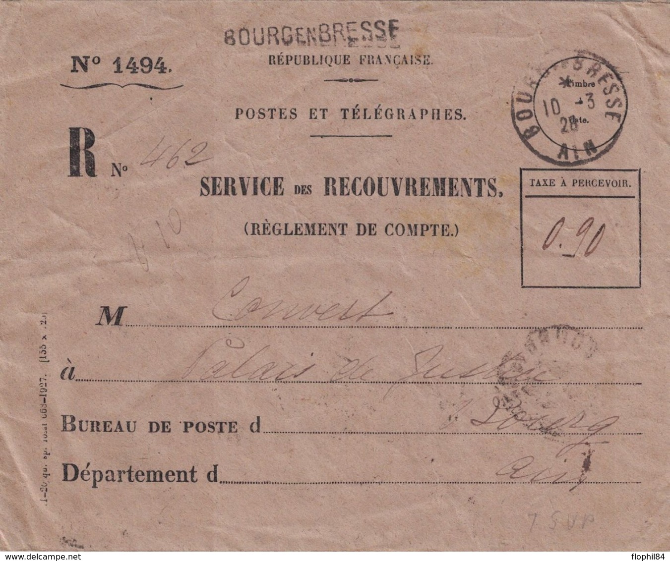 AIN - BOURG EN BRESSE - 10-3-1928 - ENVELOPPE N°1494 - VERSO BLOC DE 6 DU N°44. - 1859-1959 Storia Postale