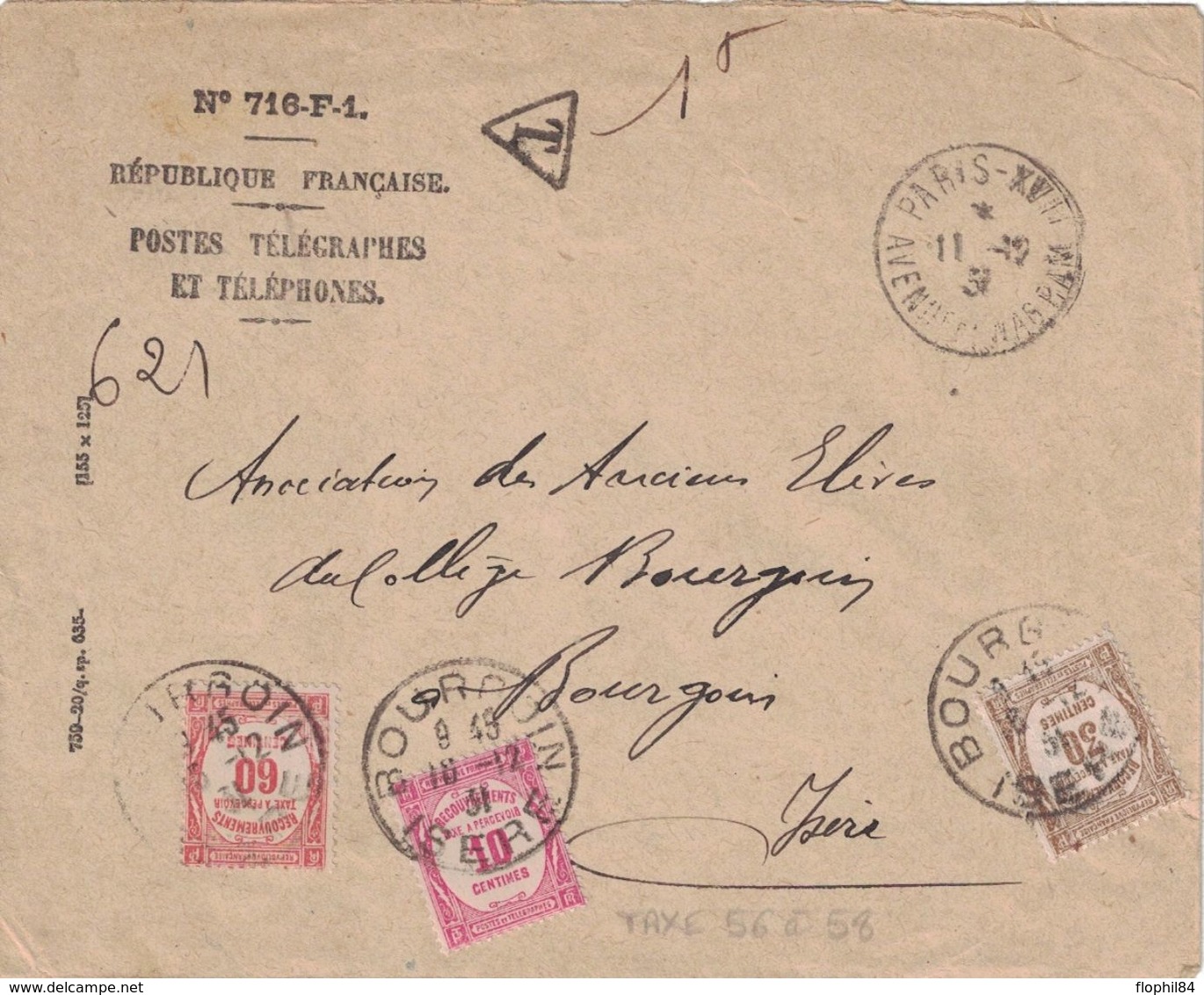 ISERE - BOURGOIN - 18-12-1931 - ENVELOPPE N°716-F-1 - N°56 ET 58. - 1859-1959 Storia Postale