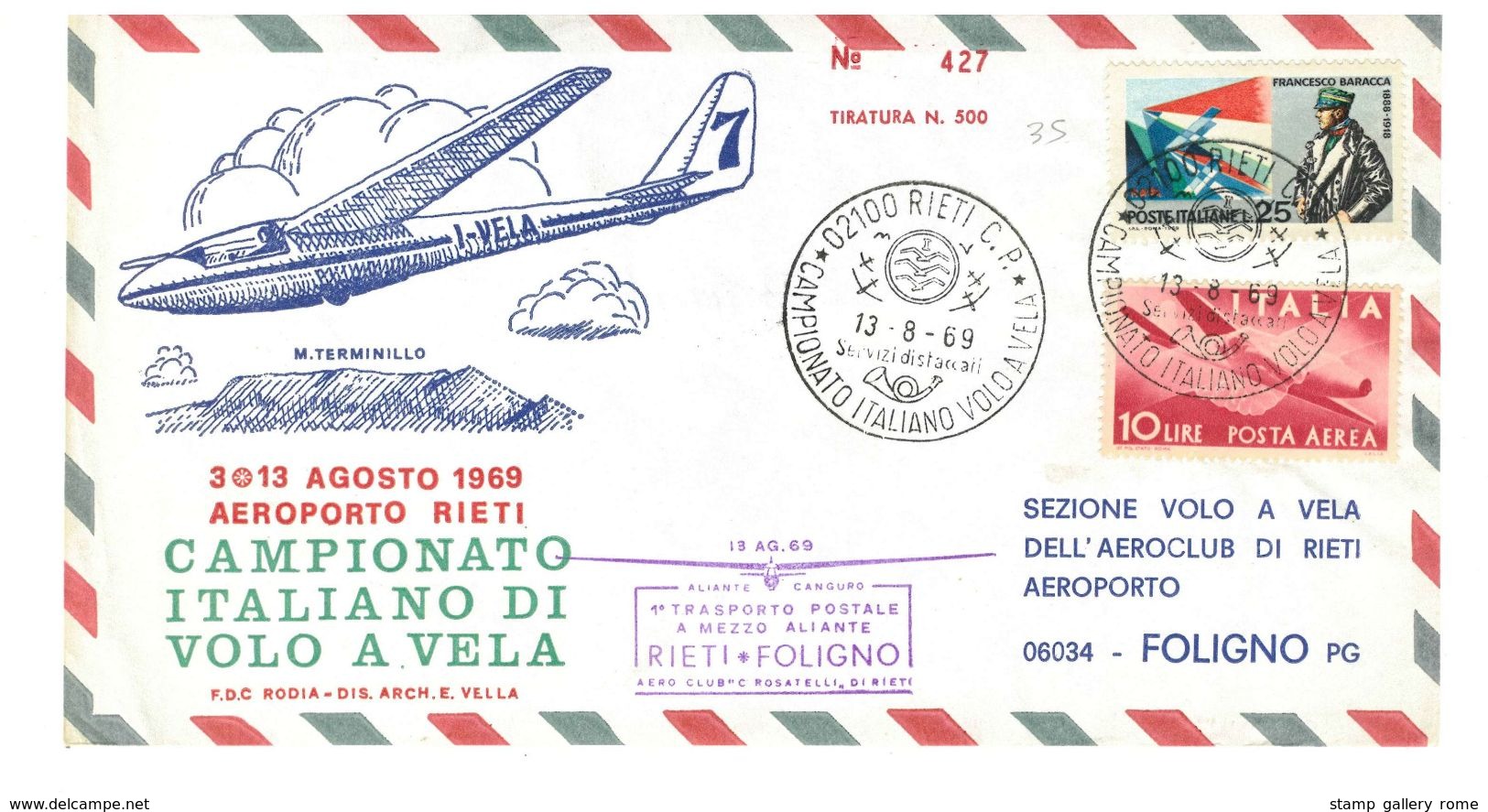 ITALIA - CAMPIONATO ITALIANO DI VOLO A VELA - AEROPORTO DI RIETI ANNO 1969 - RIETI - FOLIGNO  - ALIANTE CANGURO - 1961-70: Storia Postale