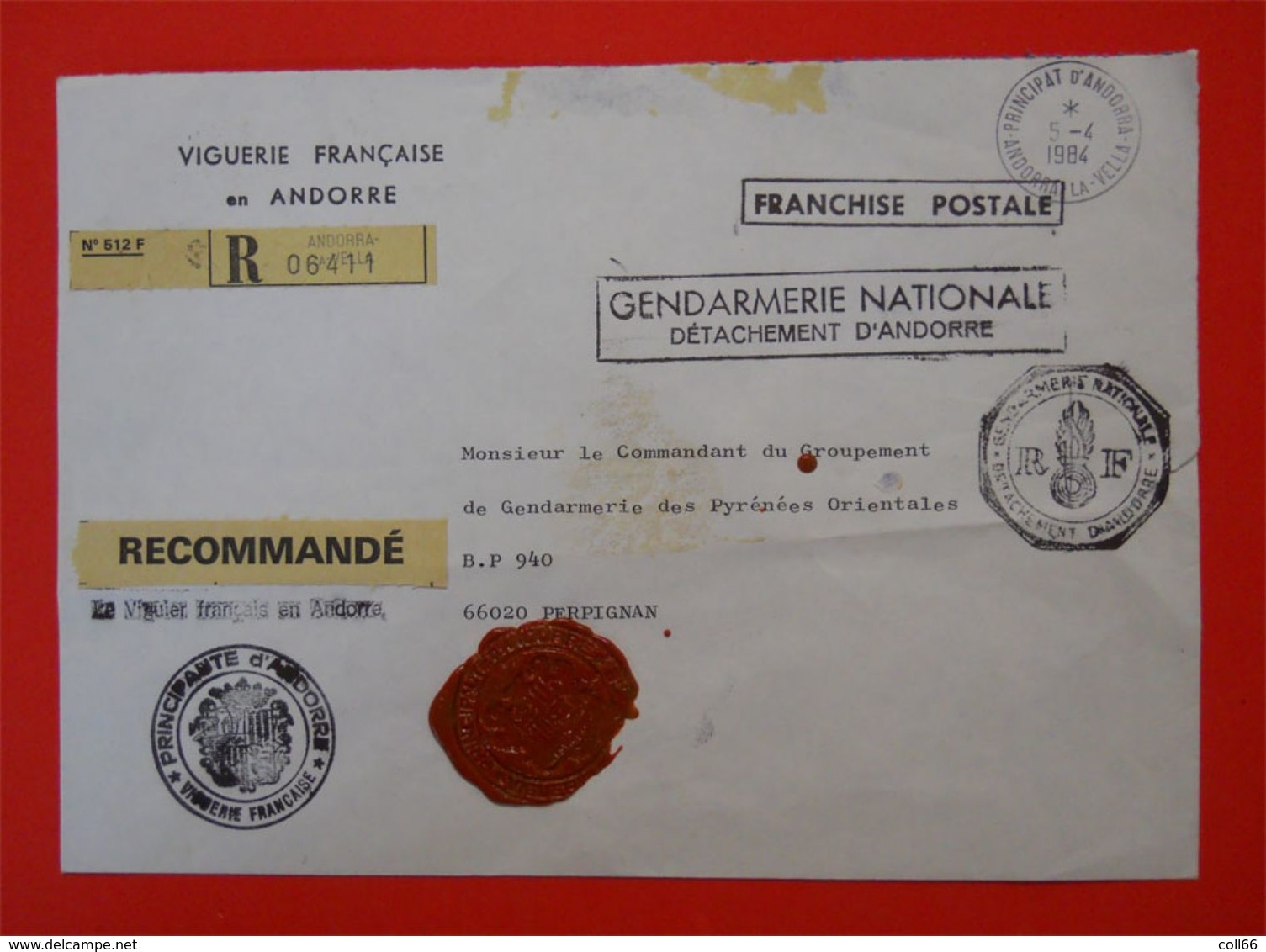 RARE Enveloppe Viguerie Française En Andorre Franchise Postale Gendarmerie Nationale & Sceaux Cachets De Cire 66 P-O - Documents