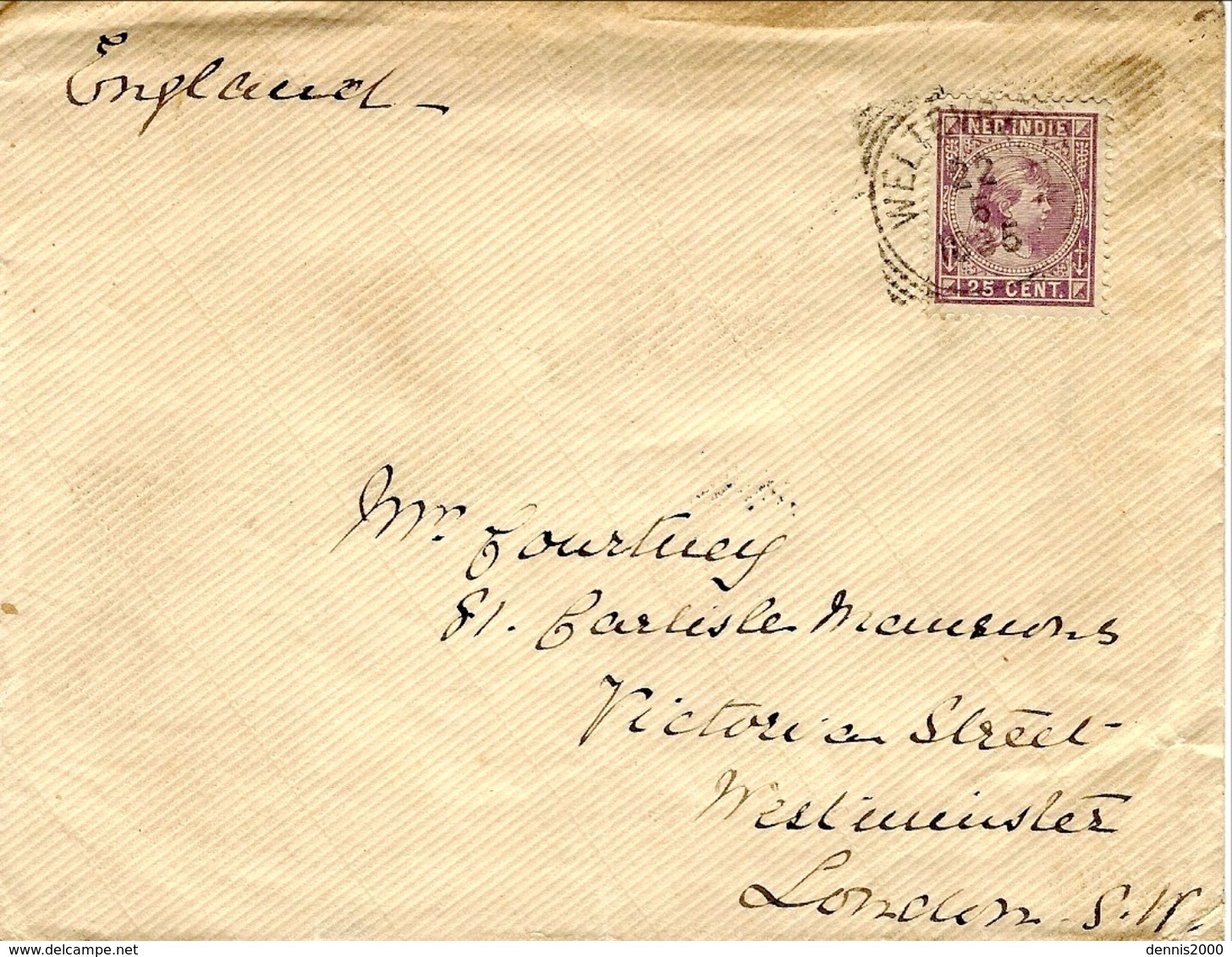 1895- Cover Fr. 25 Cent.  From WELTEVREE   To London - Indes Néerlandaises