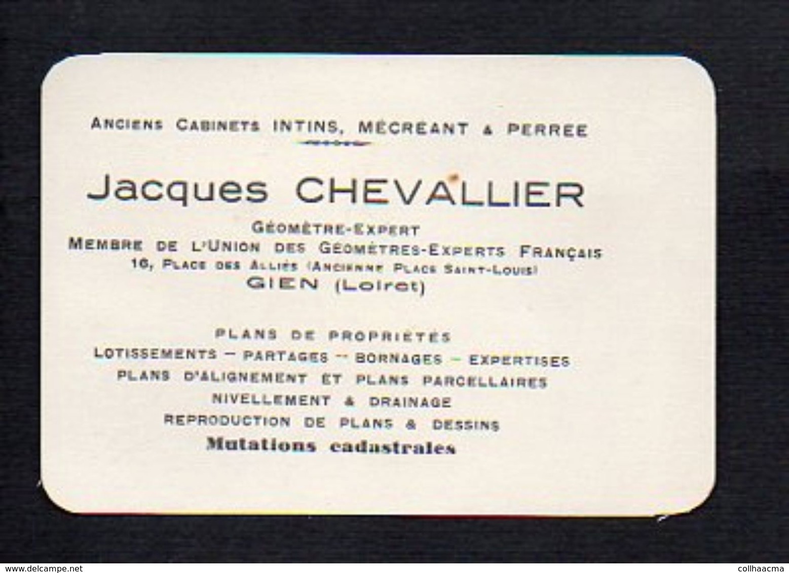 Carte De Visite Publicitaire 1930 De Jacques Chevalier Géomètre Expert,Plans Propriètés..... à Gien (Loiret ) - Cartes De Visite