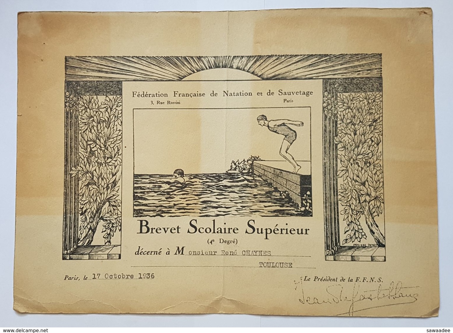 BREVET SCOLAIRE SUPERIEUR 4° DEGRE - TOULOUSE - 1936 - FEDERATION FRANCAISE DE NATATION ET DE SAUVETAGE - Diplômes & Bulletins Scolaires