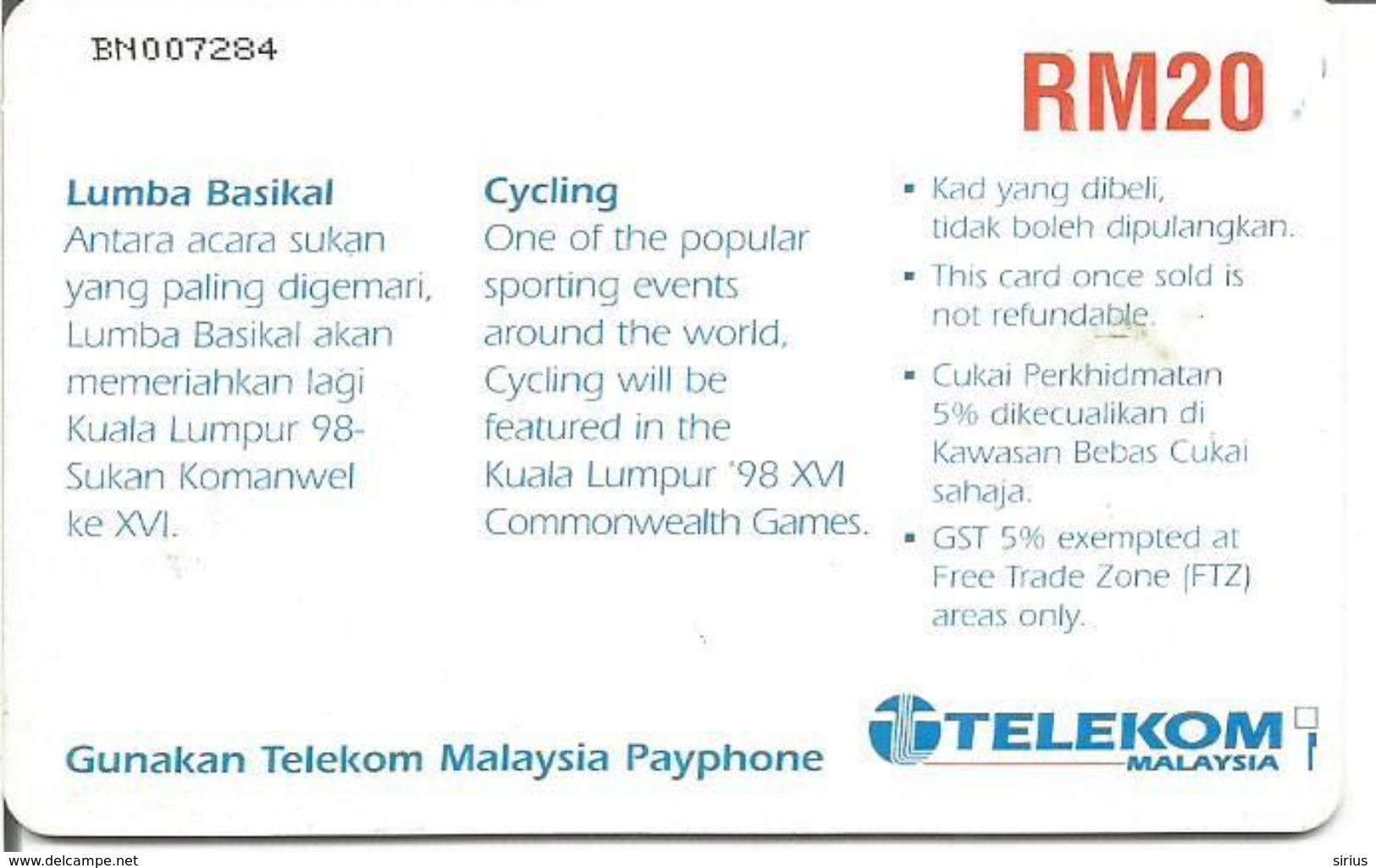 Télécarte De Malaisie - XVIèmes JEUX DU COMMONWEALTH ( Sport Cyclisme - Kuala Lumpur 1998 ) GEM2 - Malaysia