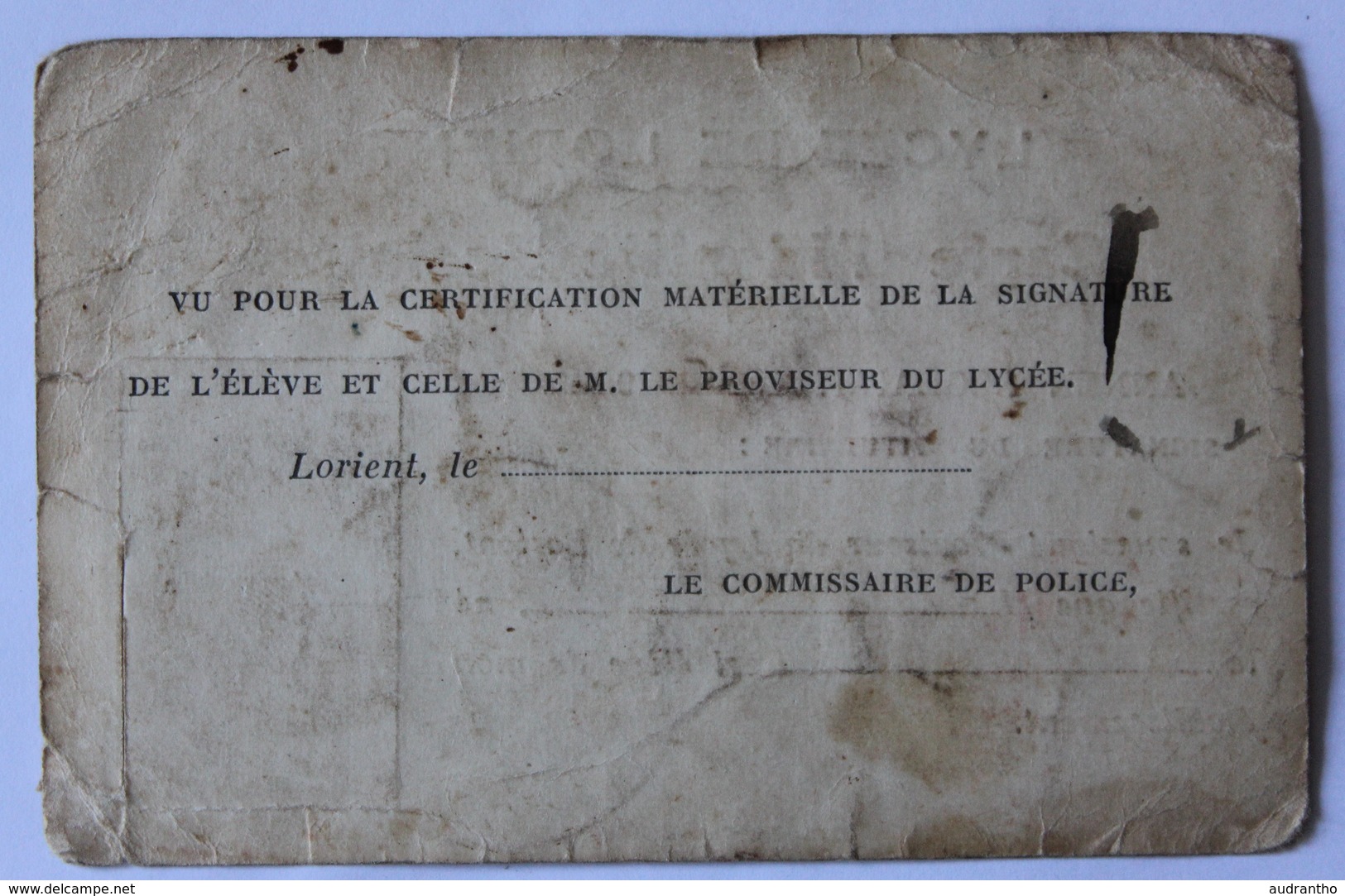 Carte D'identité Scolaire Lycée Dupuy De Lome Lorient 1935 1936 J. Gloanec - Diplômes & Bulletins Scolaires