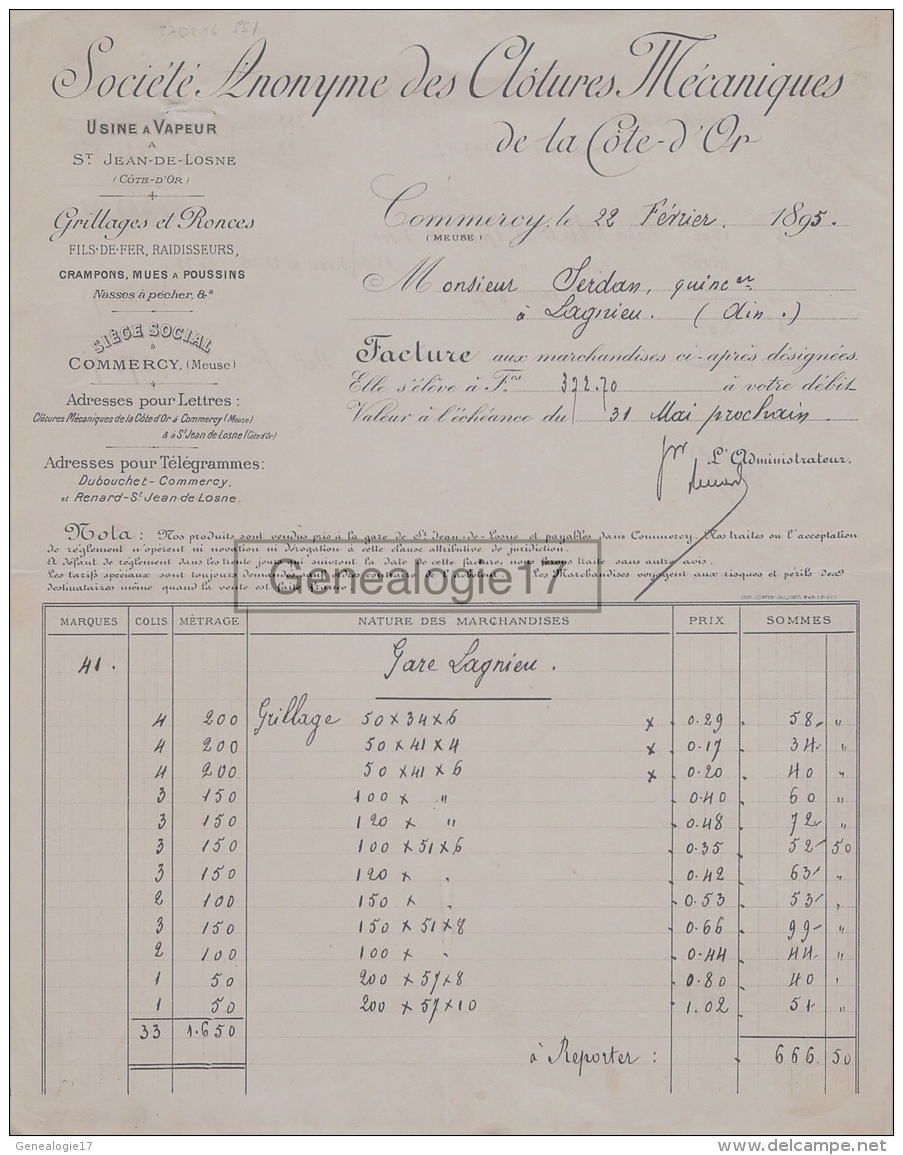 55 204 COMMERCY MEUSE 1895 Ste DE CLOTURES METALLIQUES DE LA CORE D OR Usine SAINT JEAN DE LOSNE à SERDAN De LAGNIEU - 1800 – 1899