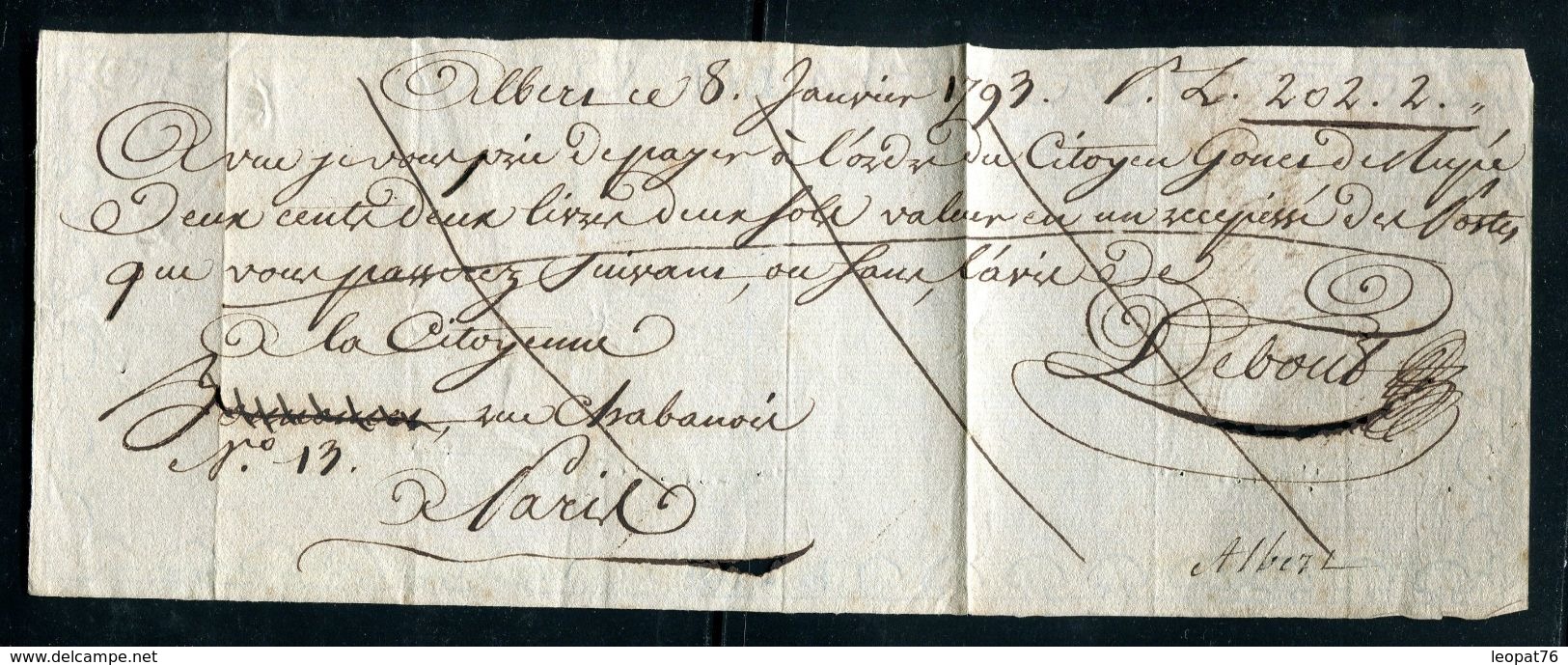 Vieux Papiers - Billet à Ordre De Albert En 1793 Pour Paris - Collections