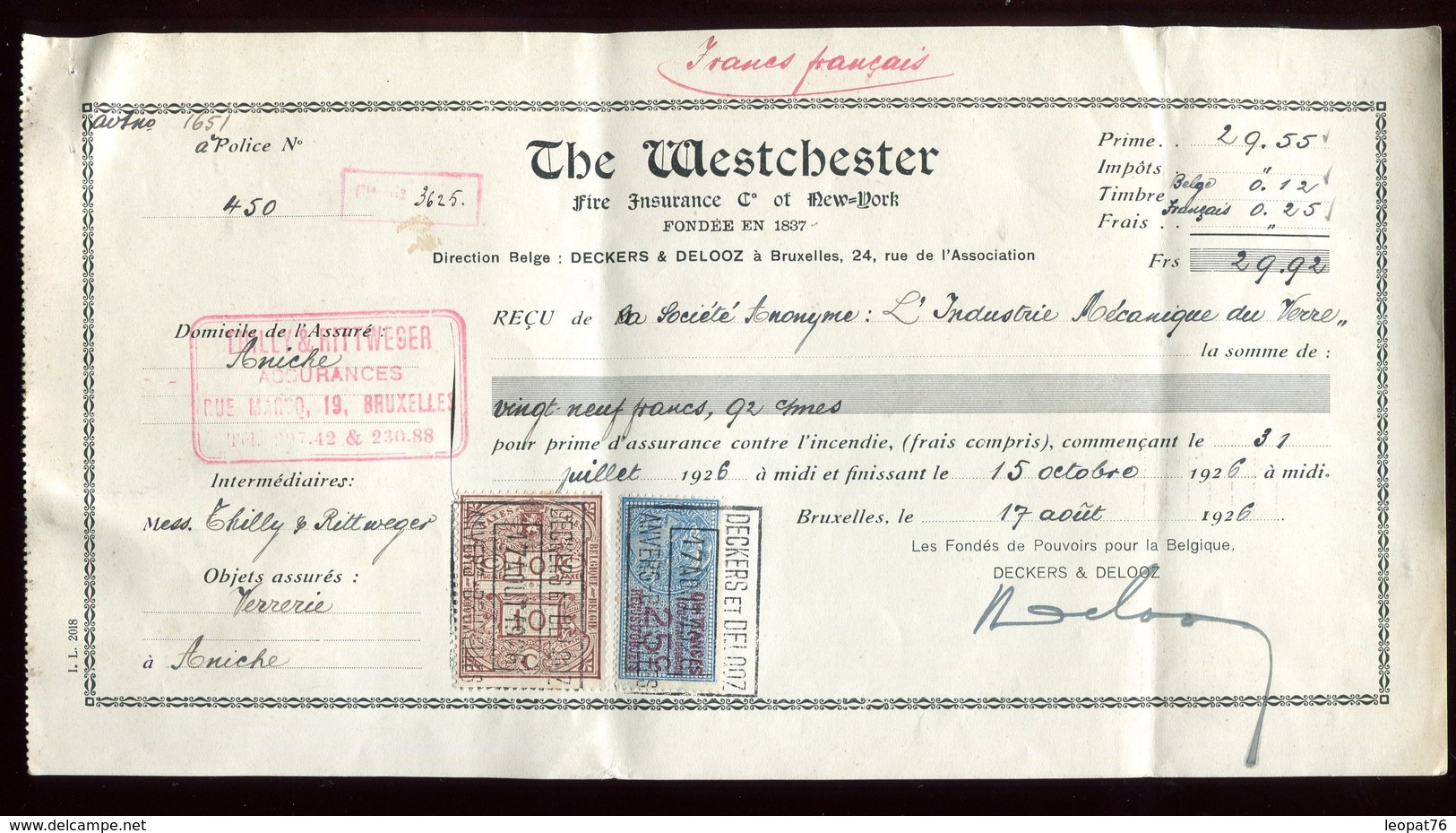 Vieux Papiers - Reçu De La Cie Westchester En 1926 , Fiscal Belge Et Français - 1900 – 1949