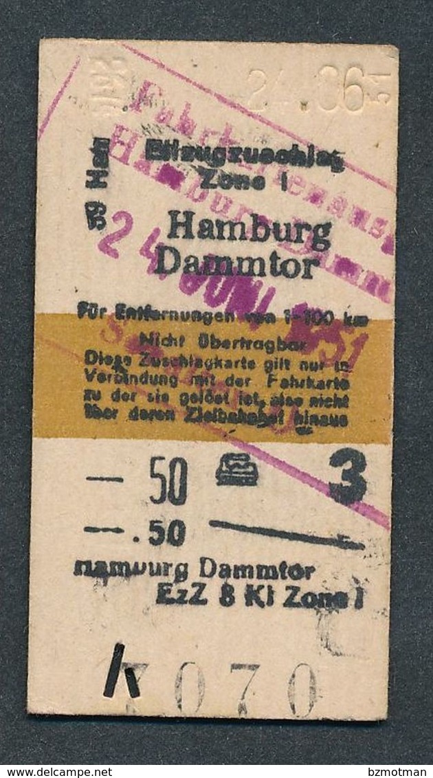 GERMANY QY4589 3kl Eilzugzuschlag Hamburg Dammtor Zone I 1951 Fahrkarte Billet Ticket - Europa