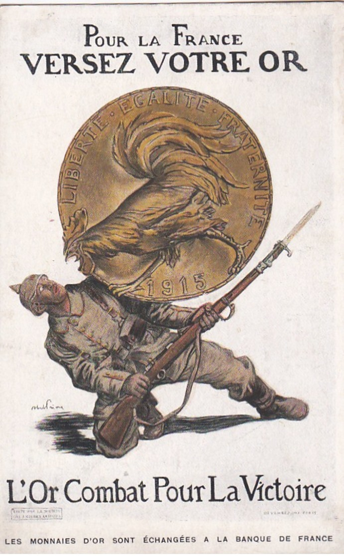 CPA Illustrée Militaria COMBAT Pour La VICTOIRE Versez Votre OR SOLDAT ALLEMAND Attaque Du COQ FRANCAIS Sur PIECE OR - Guerre 1914-18