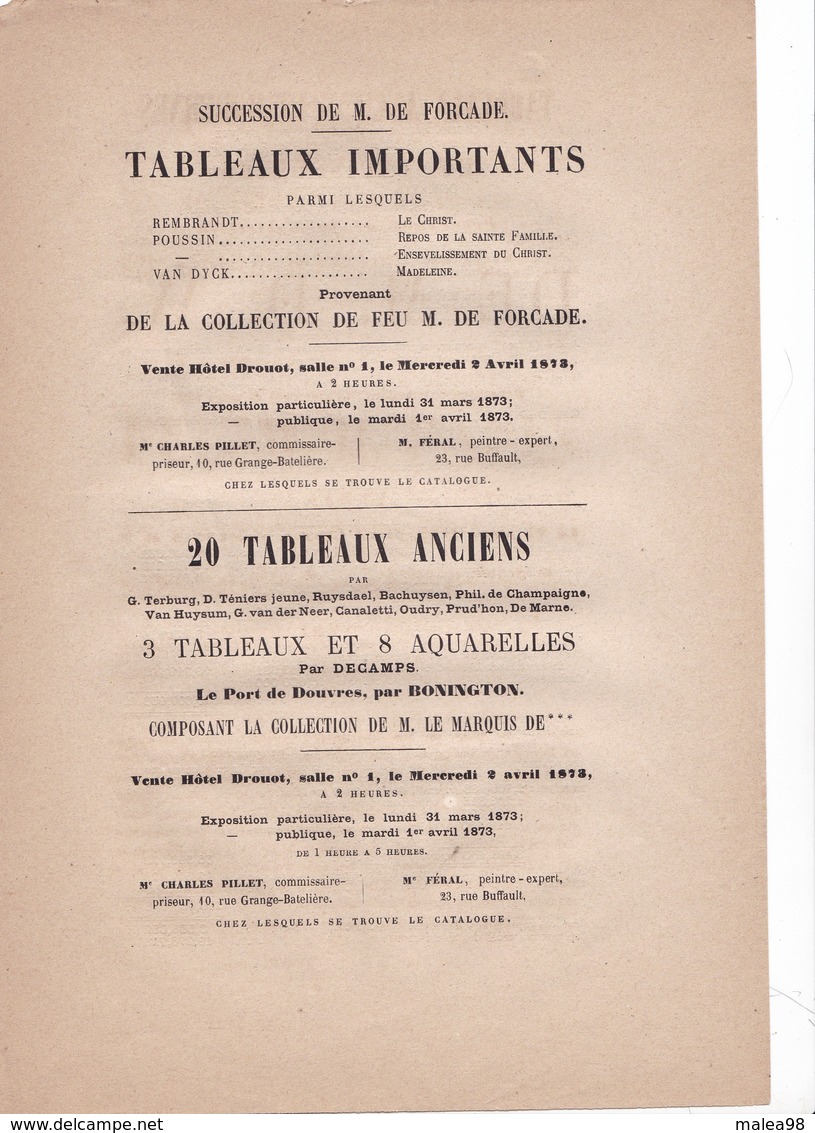 1873 ,,, INVITATION POUR VENTE AUX ENCHERES   DE TABLEAUX DONT UN REMBRAND ,  POUSSIN,  VAN DYCK ETC,,,,  DROUOT - Autres & Non Classés