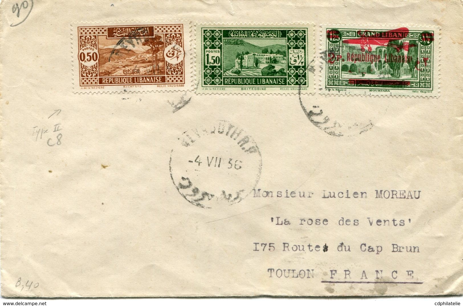 GRAND LIBAN LETTRE DEPART BEYROUTH 4 VII 36 POUR LA FRANCE - Covers & Documents