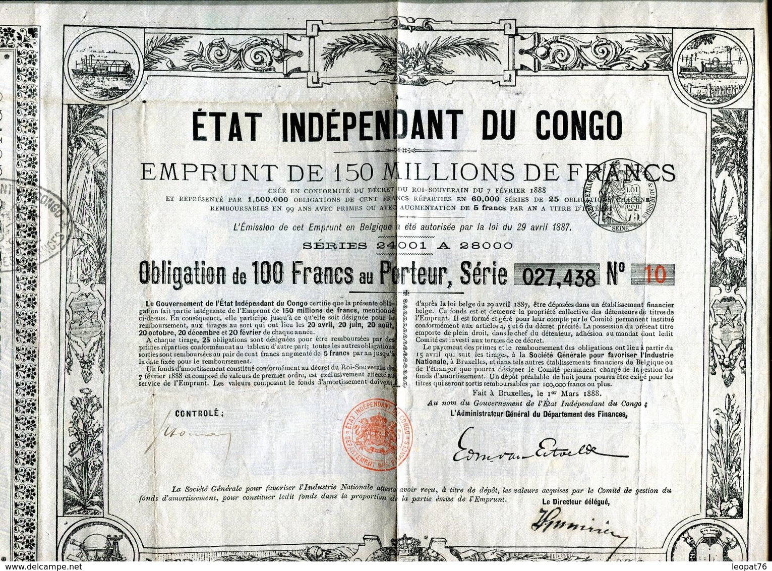 Vieux Papiers - Obligation D 'emprunt De L 'Etat Du Congo En 1888 - A - C