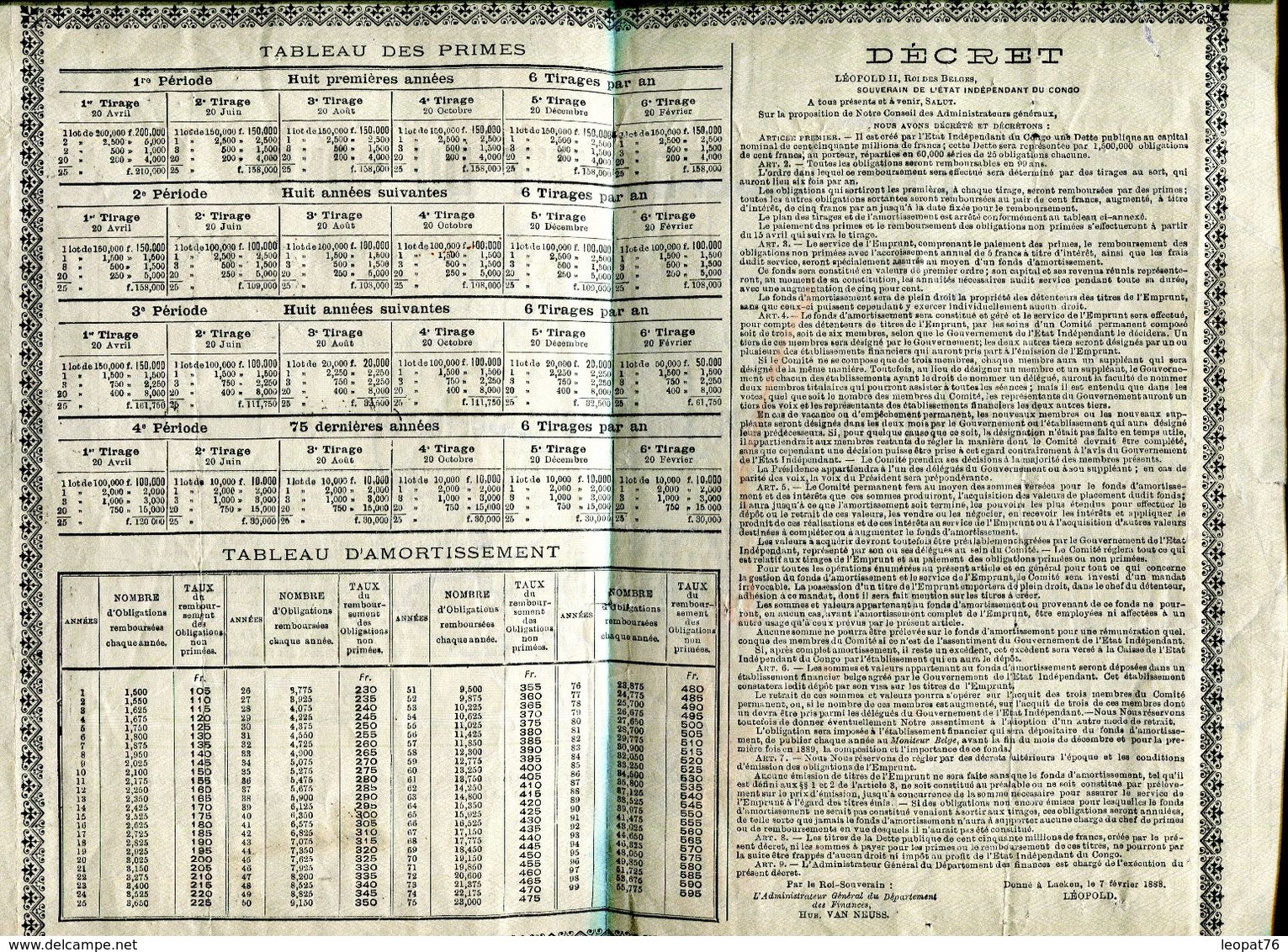 Vieux Papiers - Obligation D 'emprunt De L 'Etat Du Congo En 1888 - A - C