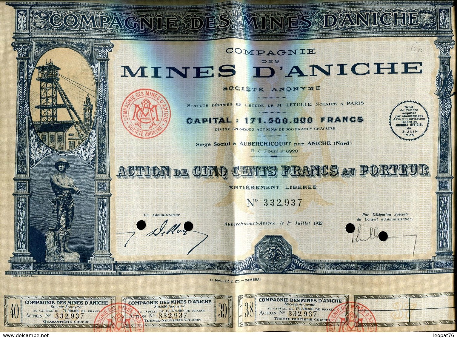 Vieux Papiers - Action De La Cie Des Mines D 'Aniche En 1939 - A - C