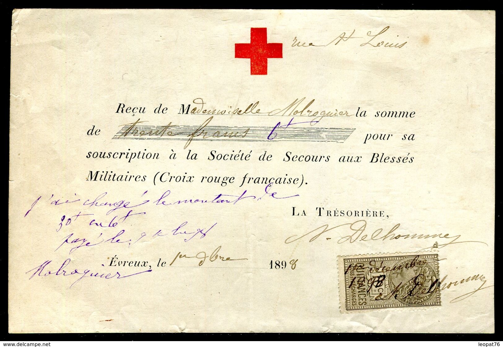 Vieux Papiers - Reçu De La Croix Rouge Française De Evreux En 1898 - Sammlungen