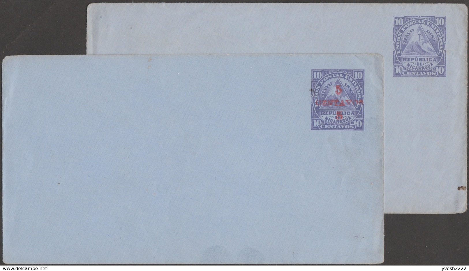 Nicaragua 1882. 2 Entiers Postaux Enveloppes, Avec Et Sans Surcharge. Blason, Volcans - Volcans