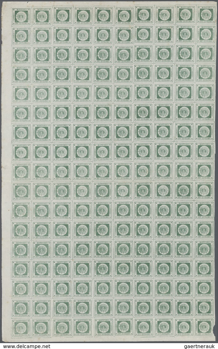 00613 Uruguay: 1859, 180 C Green, Thin Numerals, Large Part Of Sheet With 170 Stamps (10x17) And Sheet Mar - Uruguay