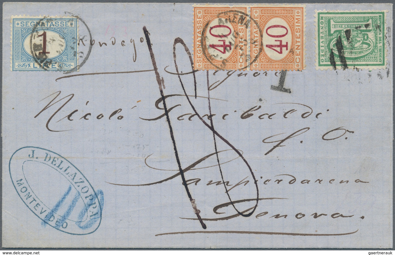 00616 Uruguay: 1875/1876 Two Covers From Montevideo To Italy With Italian Postage Due Stamps, Both Origina - Uruguay