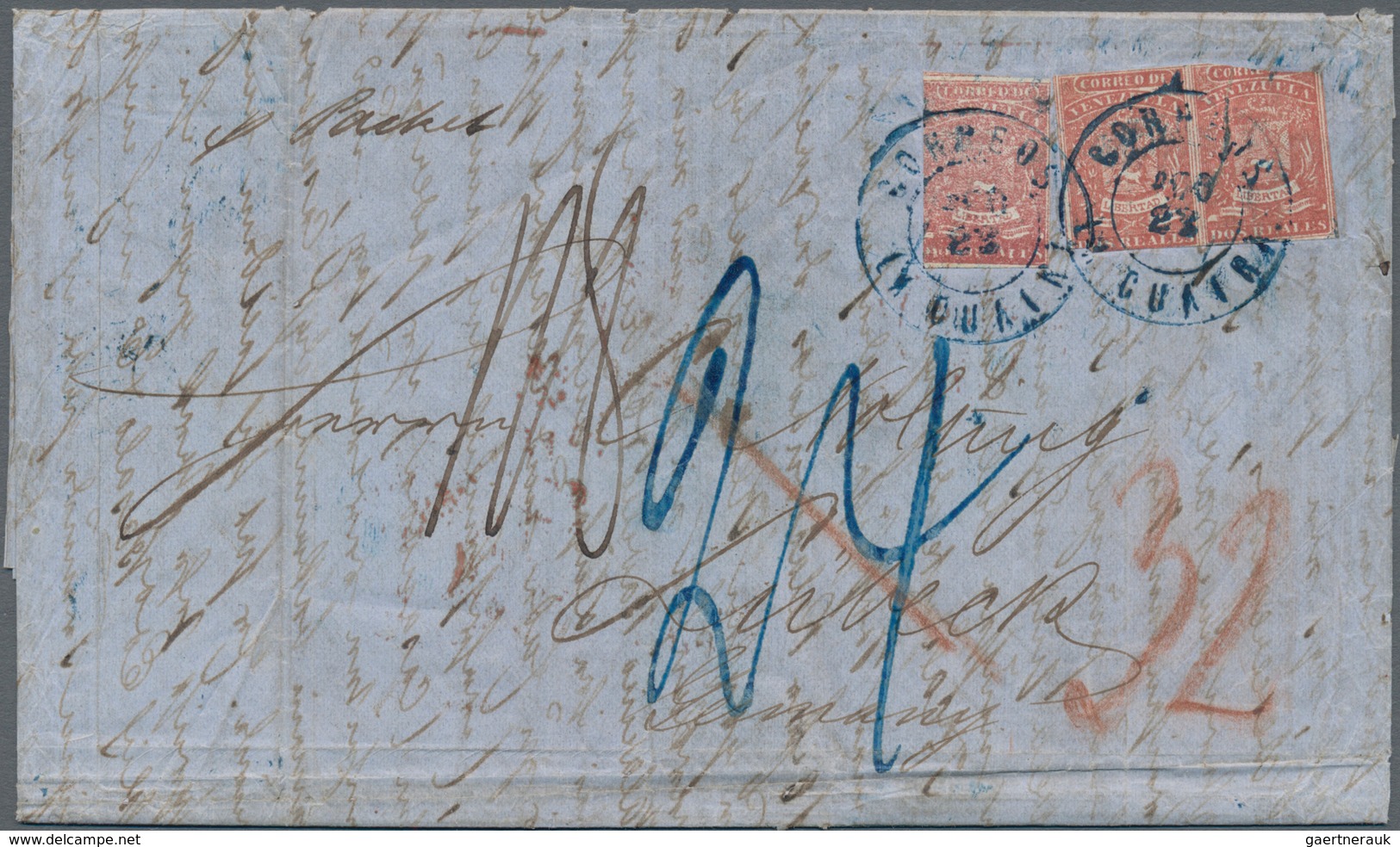 00618 Venezuela: 1859 First Issue 2r. Red, Coarse Impression, Horizontal Pair Plus Single Used On Entire L - Venezuela