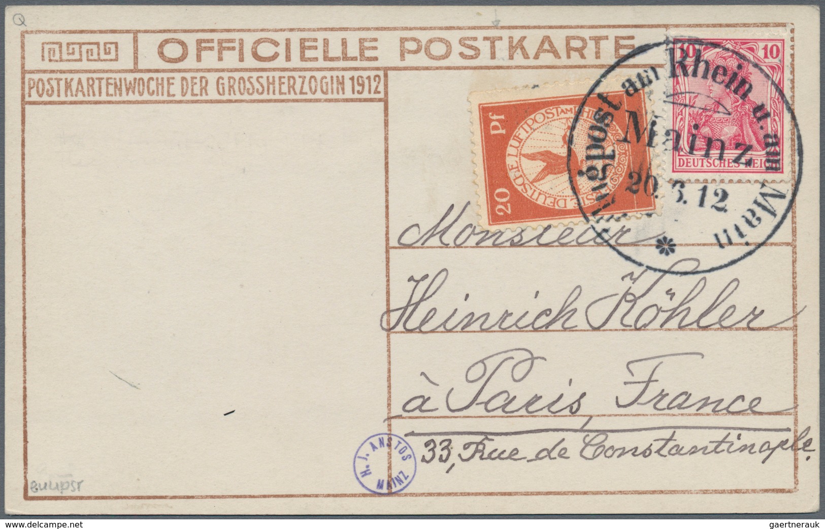 00622 Flugpost Deutschland: 1912. Airmail Rhein Main, Mainz 20.6.12, Each Destination Paris. Lot Of 2 Pict - Luft- Und Zeppelinpost