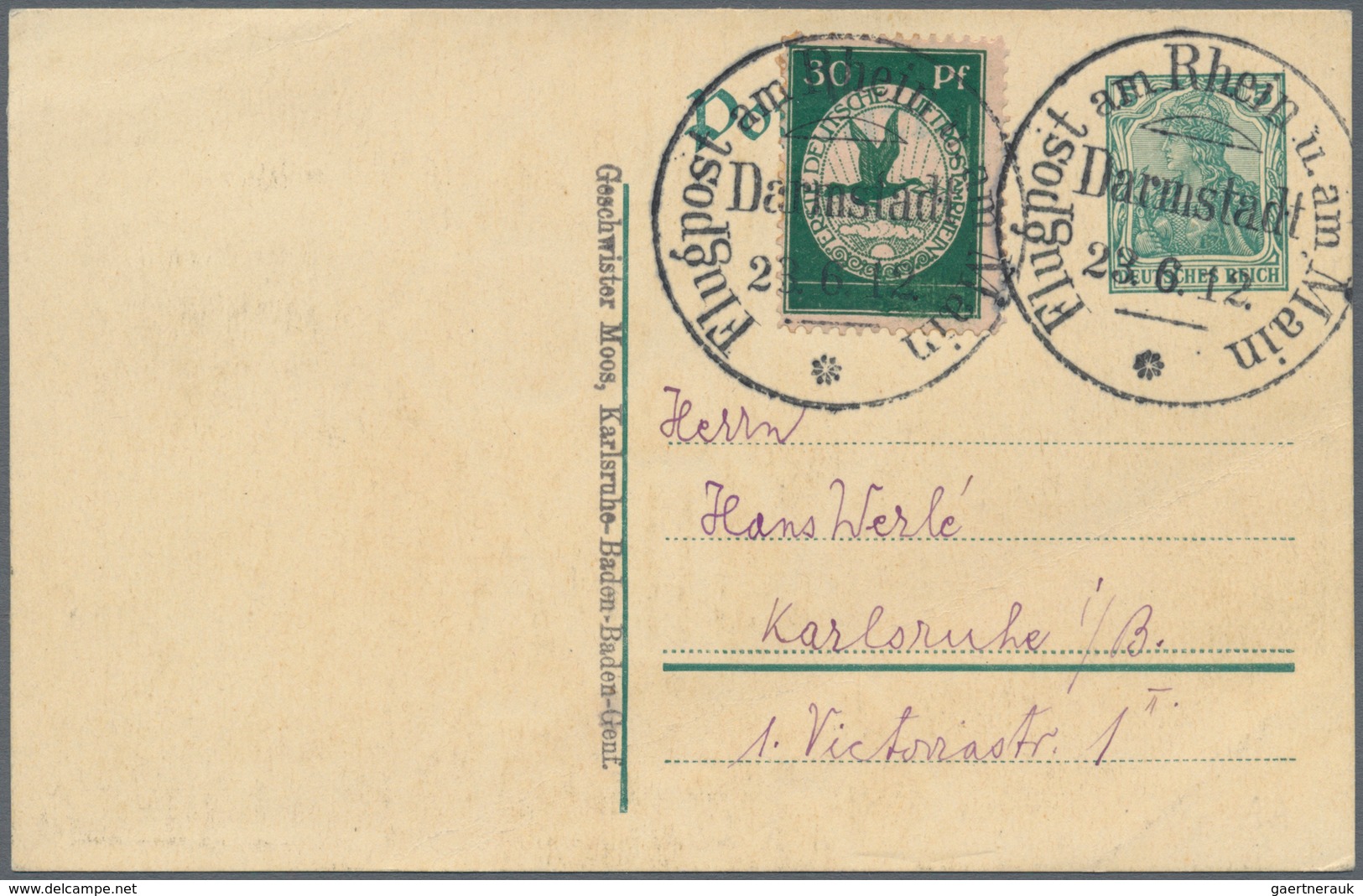 00623 Flugpost Deutschland: 1912 Airmail Rhein Main 23.6. Darmstadt, With 30pf Green (Mi. III) On 5pf Germ - Airmail & Zeppelin