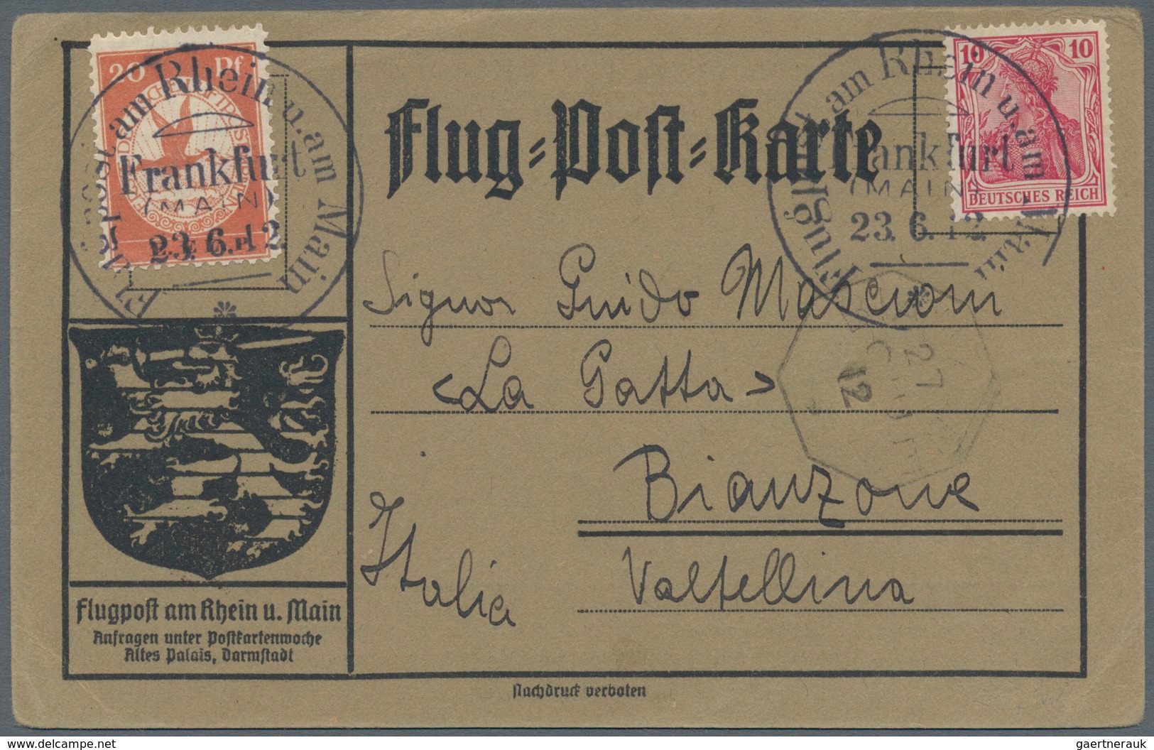 00624 Flugpost Deutschland: 1912. Airmail Rhein Main, Frankfurt/Main 21.6.12 With E.EL.P. 20pf And Germani - Airmail & Zeppelin
