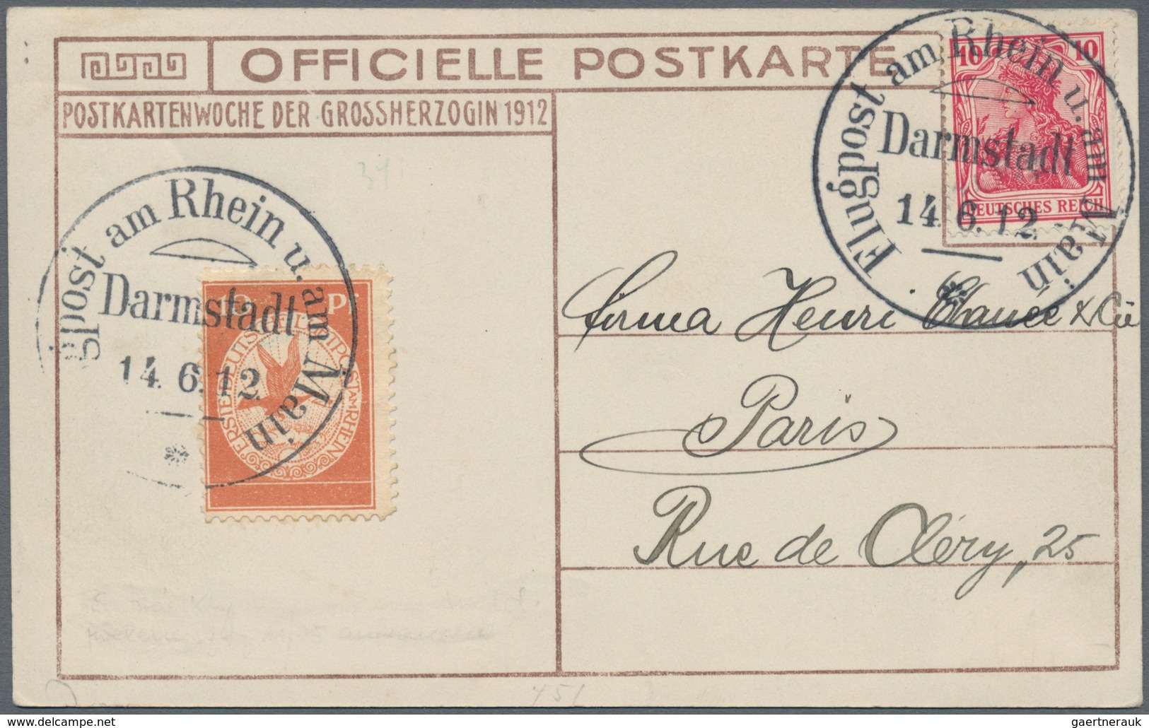 00625 Flugpost Deutschland: 1912. Airmail Rhein Main Darmstadt 14.6.12, Each Destination Paris. Lot Of 3 C - Poste Aérienne & Zeppelin