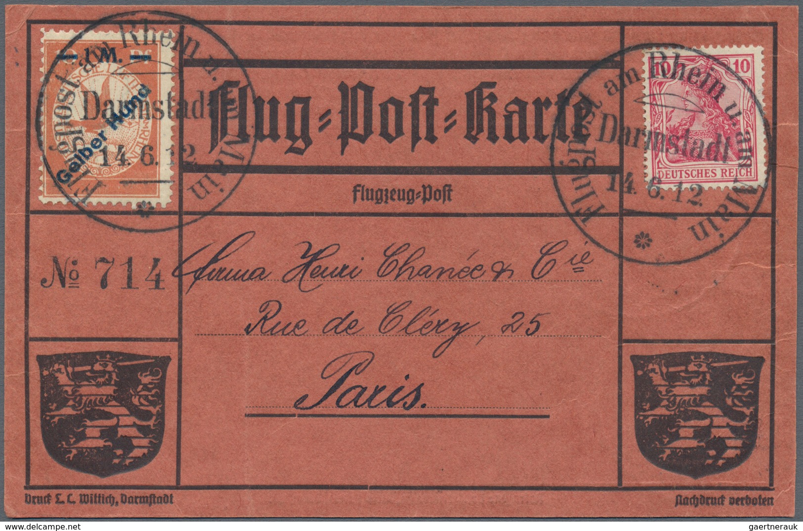 00625 Flugpost Deutschland: 1912. Airmail Rhein Main Darmstadt 14.6.12, Each Destination Paris. Lot Of 3 C - Luft- Und Zeppelinpost