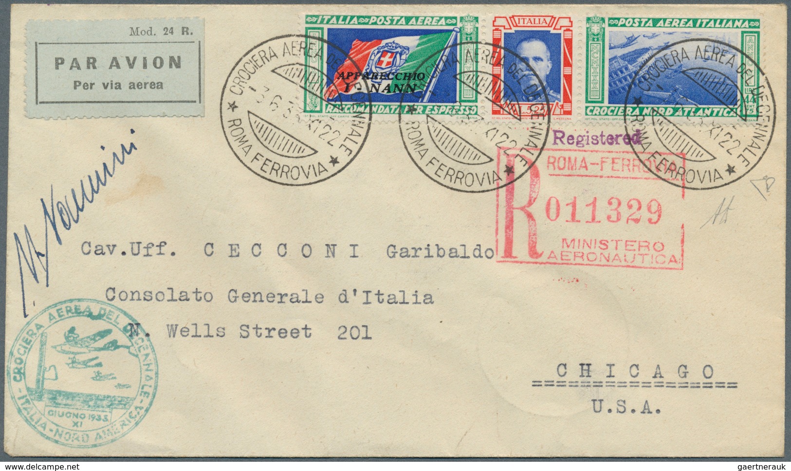 00627 Flugpost Europa: 1933, Mass Flight Triptych 5.25 + 44.75 L. "I-NANN" On Well Preserved Registered Le - Poststempel (Flugzeuge)