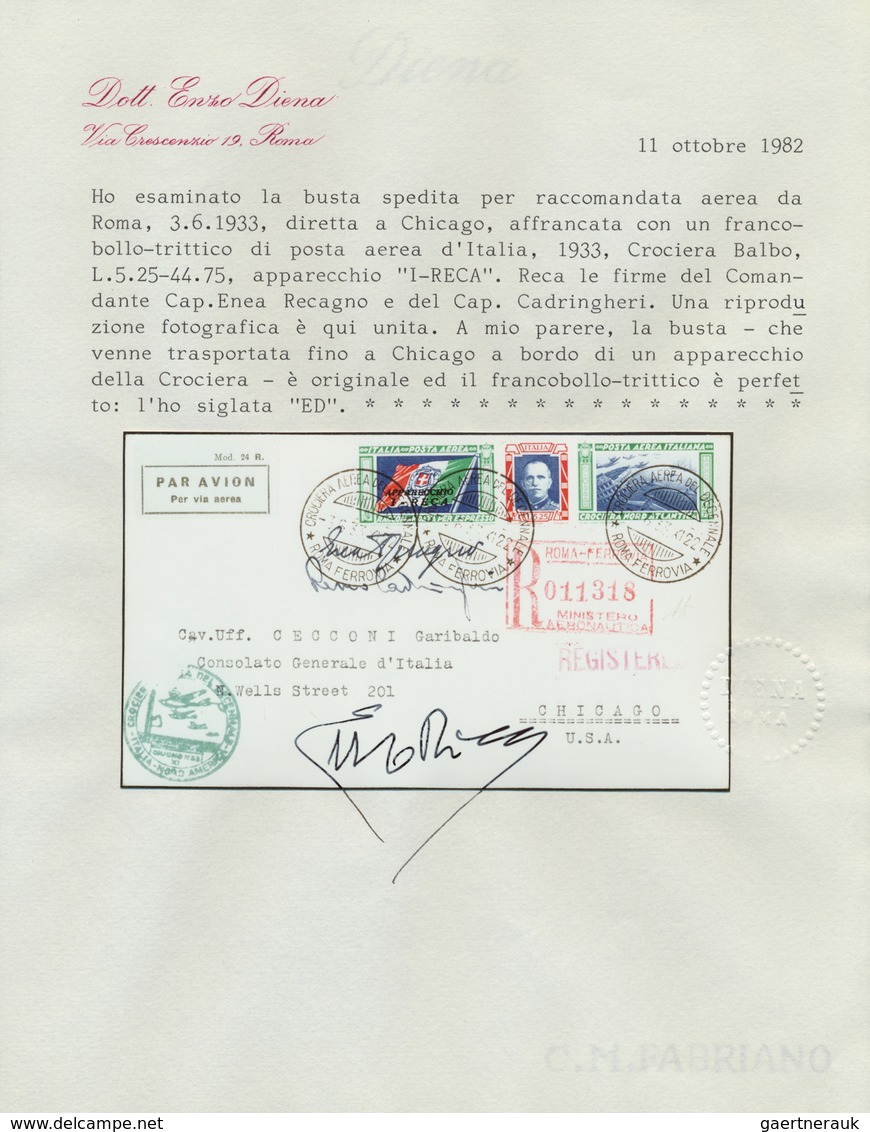 00628 Flugpost Europa: 1933, Mass Flight Triptych 5.25 + 44.75 L. "I-RECA" On Well Preserved Registered Le - Poststempel (Flugzeuge)