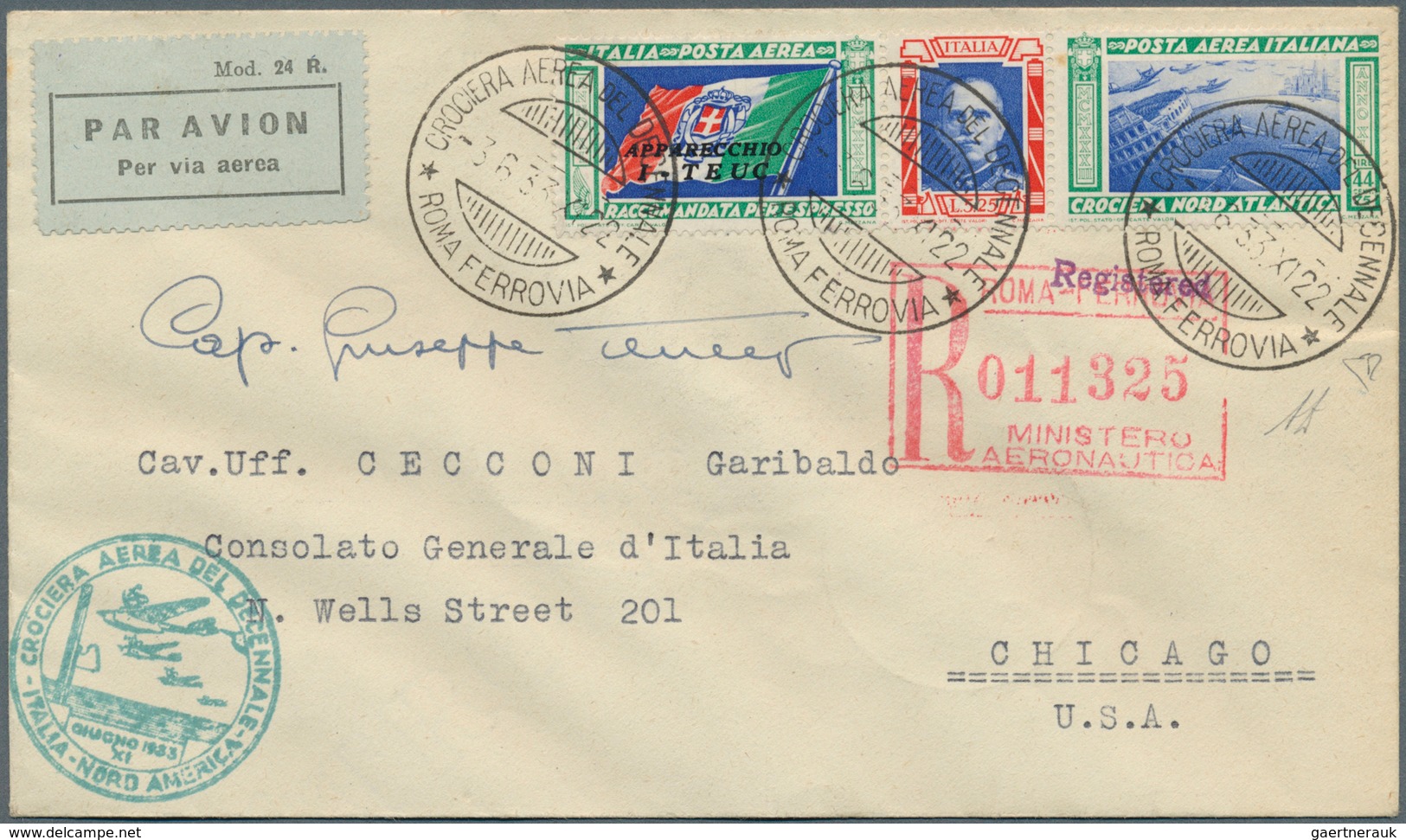 00629 Flugpost Europa: 1933, Mass Flight Triptych 5.25 + 44.75 L. "I-TEUC" On Well Preserved Registered Le - Poststempel (Flugzeuge)