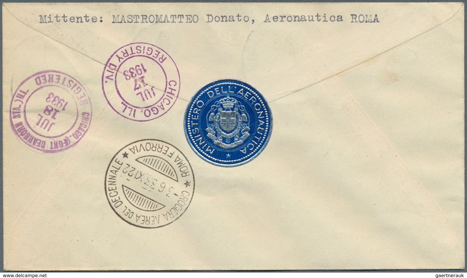 00629 Flugpost Europa: 1933, Mass Flight Triptych 5.25 + 44.75 L. "I-TEUC" On Well Preserved Registered Le - Poststempel (Flugzeuge)