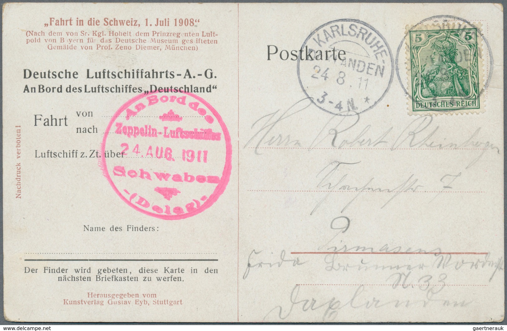 00634 Zeppelinpost Deutschland: 1911, LZ 10 Schwaben. DELAG Picture Postcard "Fahrt In Die Schweiz" With R - Correo Aéreo & Zeppelin