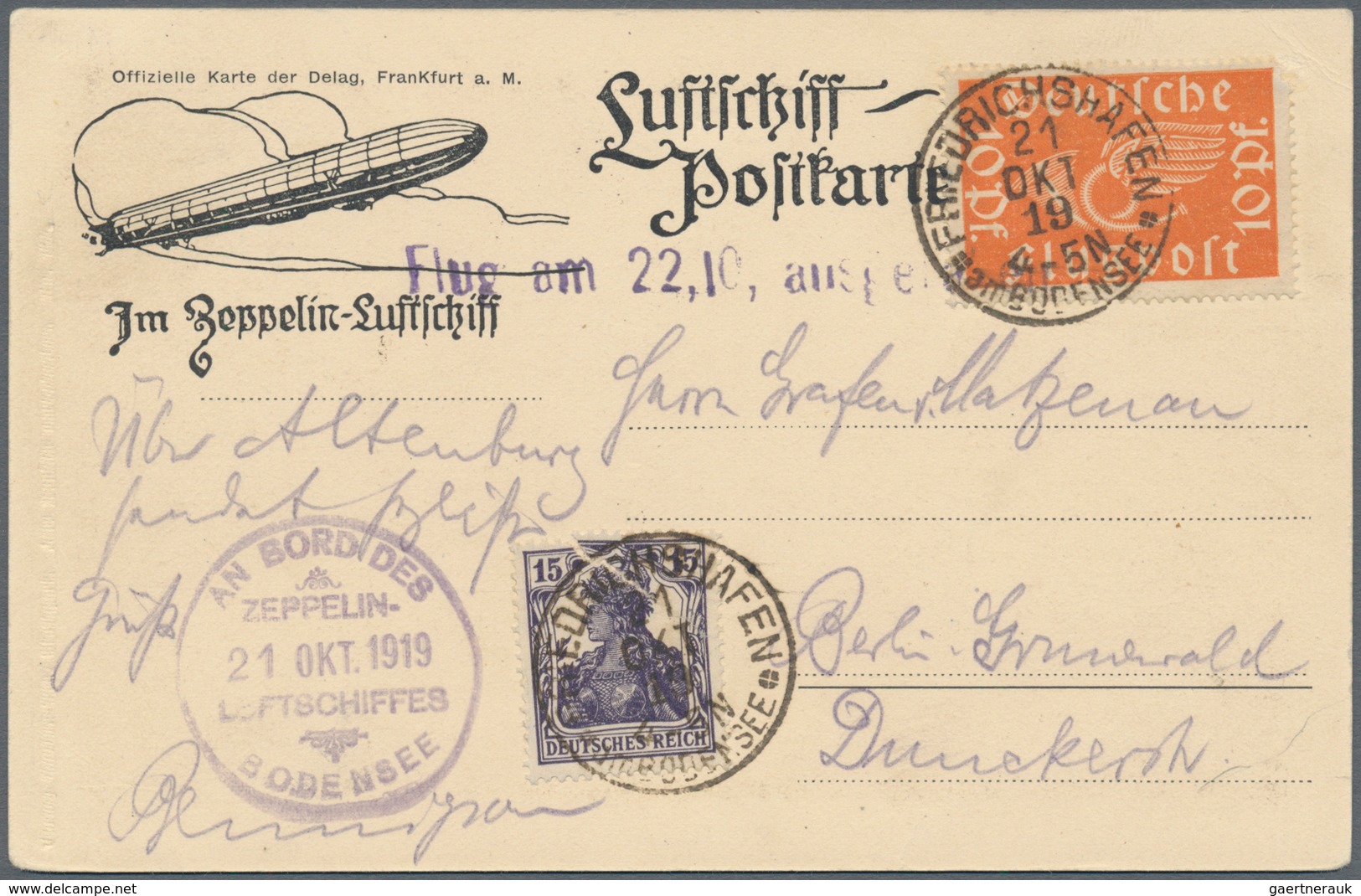 00638 Zeppelinpost Deutschland: 1919, (21.10.), LZ 120 Bodensee. Correctly Franked Delag Card (10pf Airmai - Airmail & Zeppelin