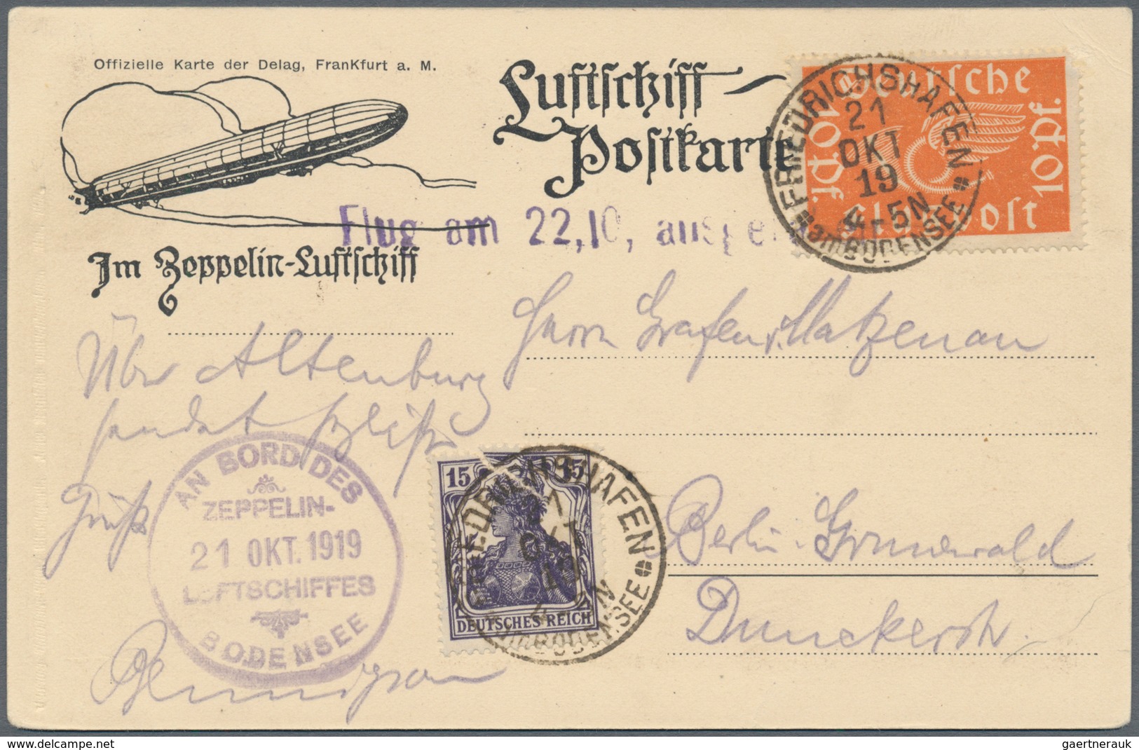 00638 Zeppelinpost Deutschland: 1919, (21.10.), LZ 120 Bodensee. Correctly Franked Delag Card (10pf Airmai - Posta Aerea & Zeppelin