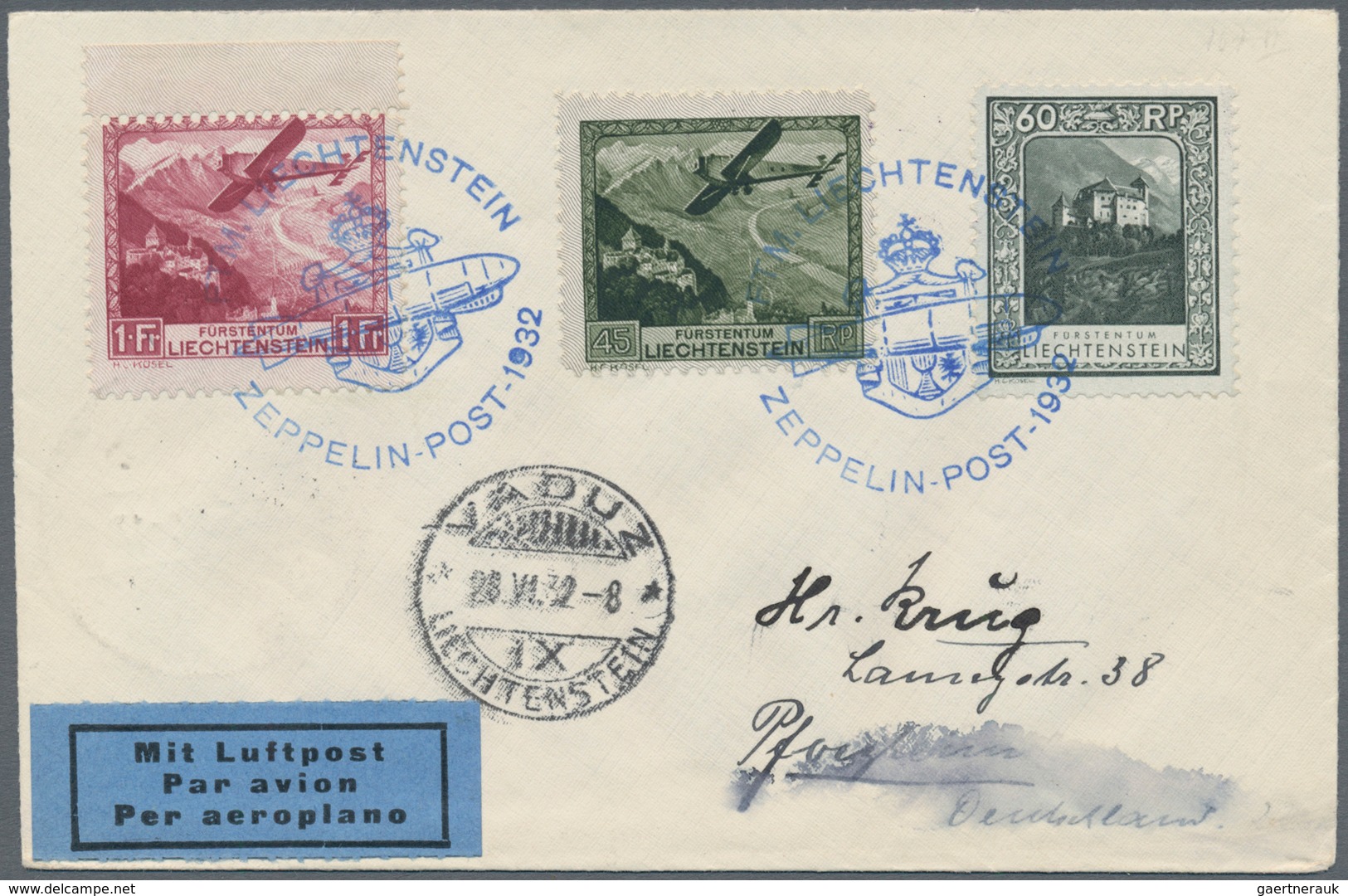 00642 Zeppelinpost Europa: 1932, Liechtenstein - DAMAGE DURING POSTAL PICKUP. On The Reverse Violet Three - Andere-Europa